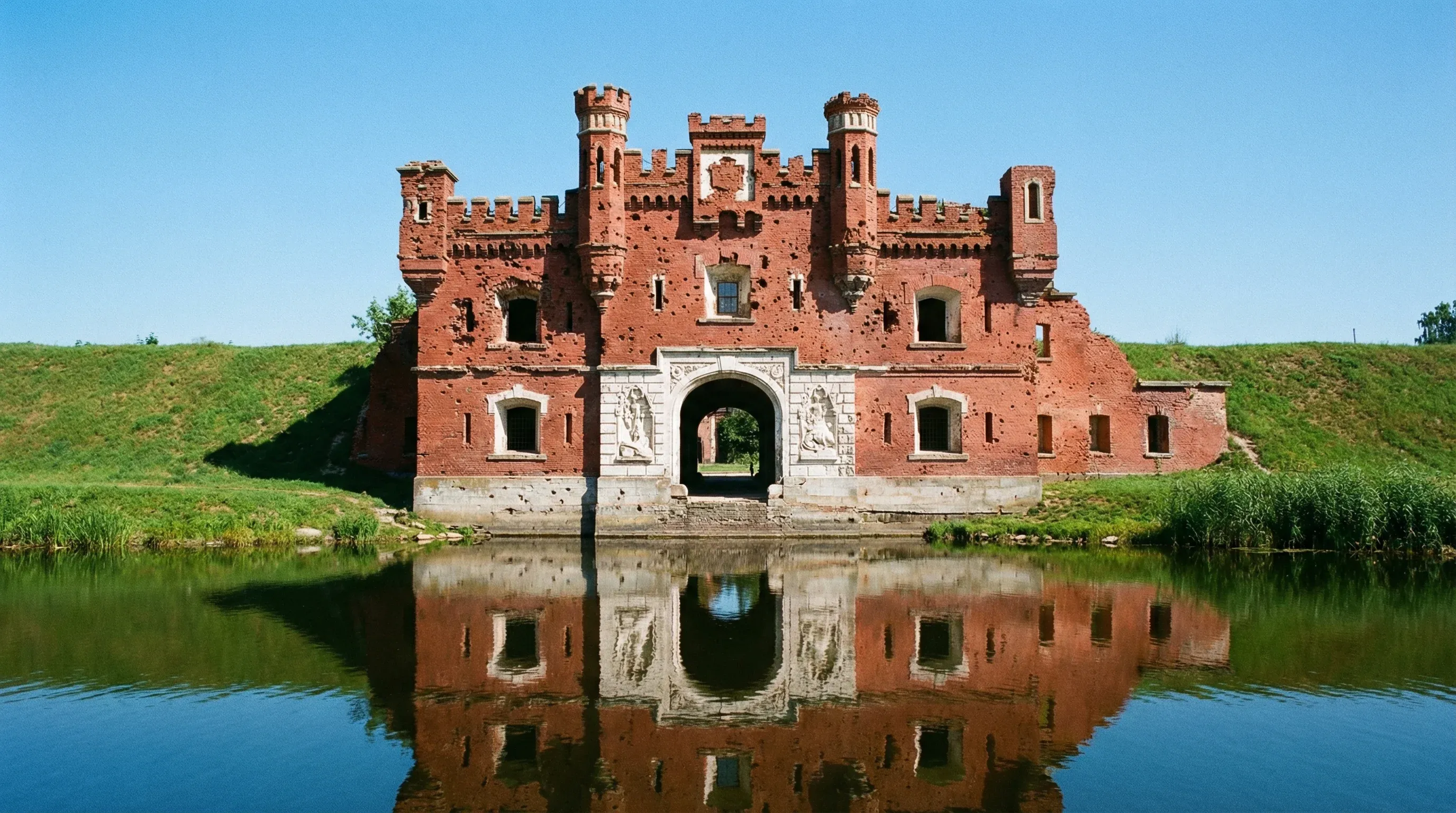 The historic red brick Kholm Gate of the Brest Fortress reflected in the calm water of the Mukhavets River.