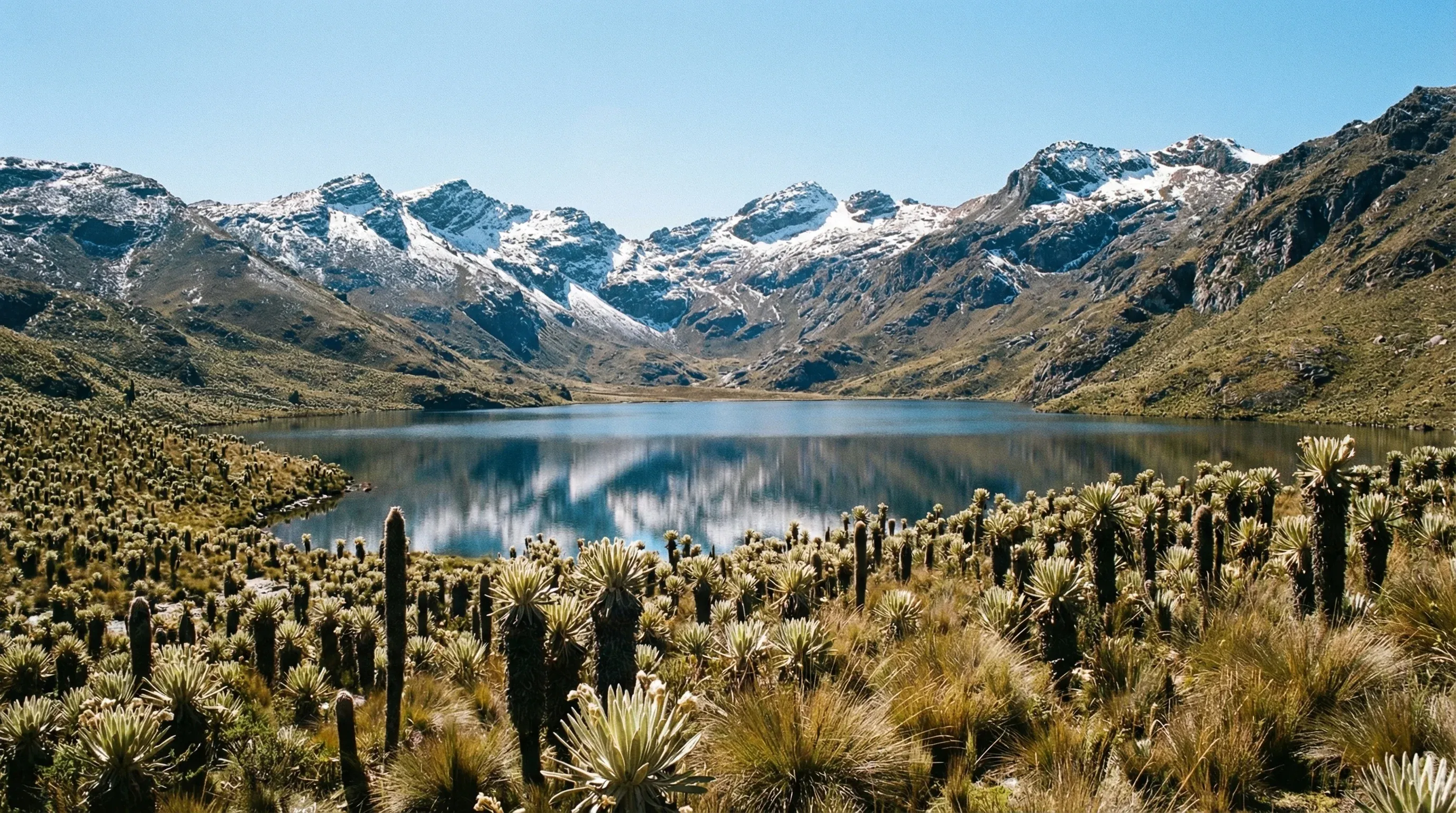 A high-altitude glacial lake in the foreground with snow-capped Andean mountains in the distance under a clear blue sky.