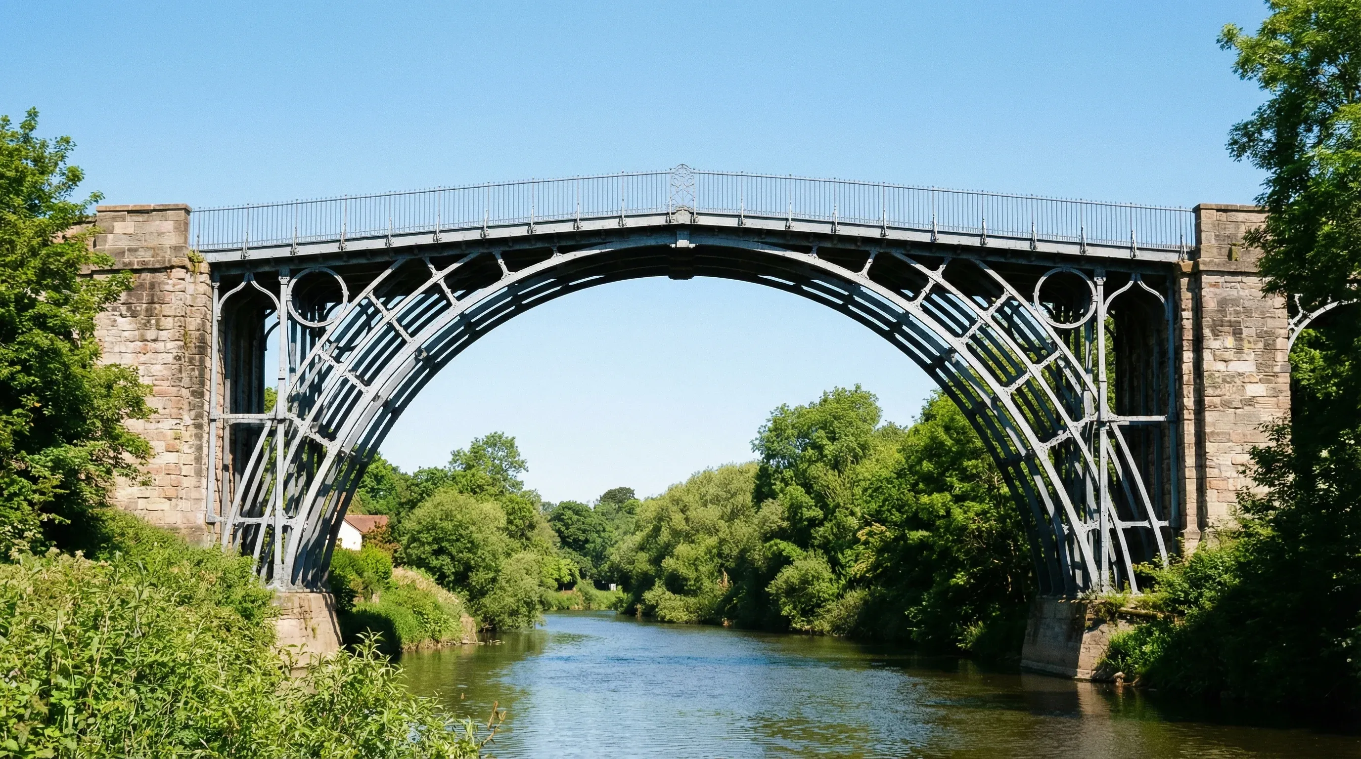 The historic cast-iron bridge crossing the River Severn in Shropshire, England, under a clear blue sky.