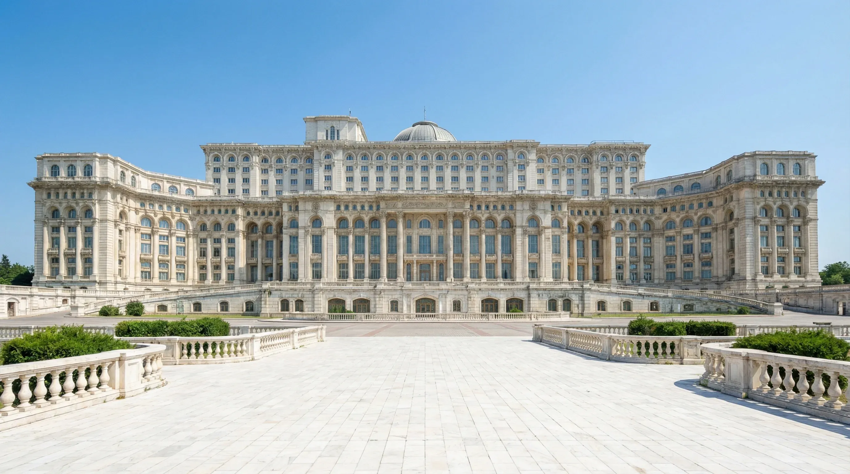 The massive neoclassical facade of the Palace of the Parliament in Bucharest under a bright midday sun.