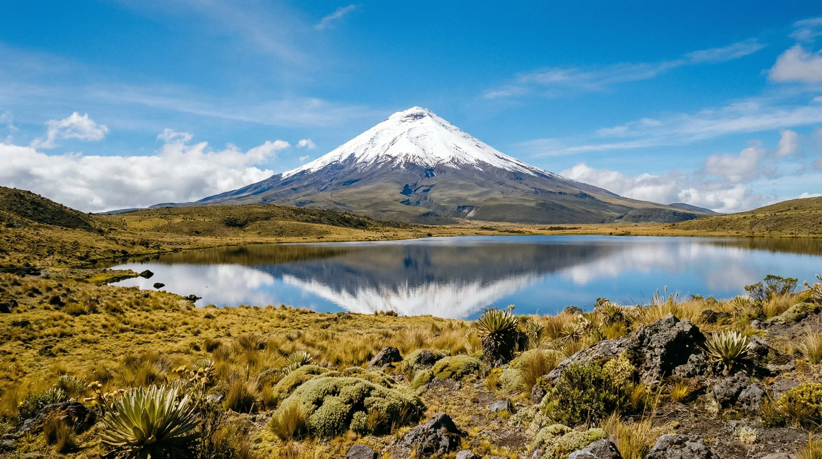 A snow-capped conical volcano stands behind a calm lagoon and Andean grasslands under a bright, clear sky.