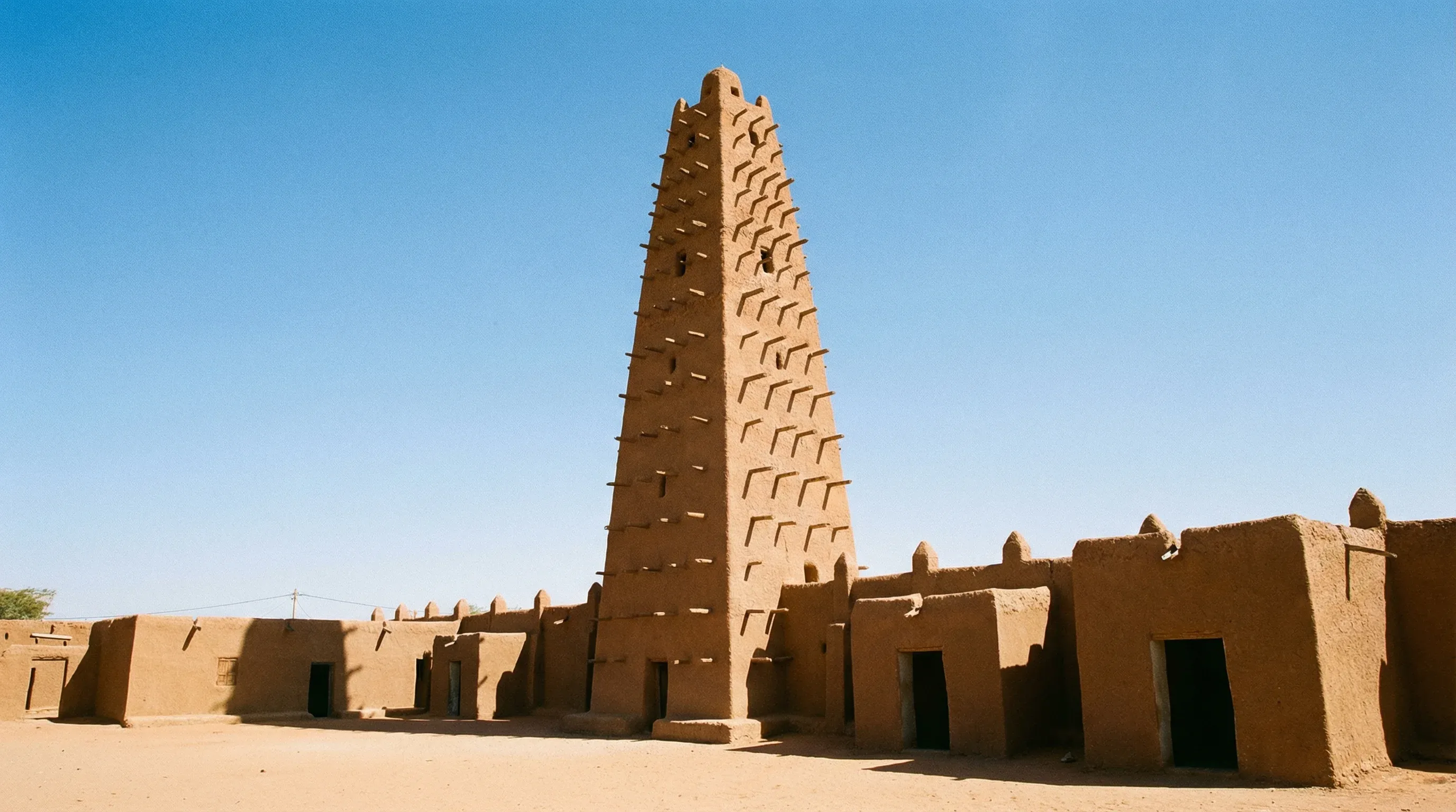 A photograph of the historic Grand Mosque of Agadez, showing its tall earthen minaret and traditional clay architecture under a clear sky.