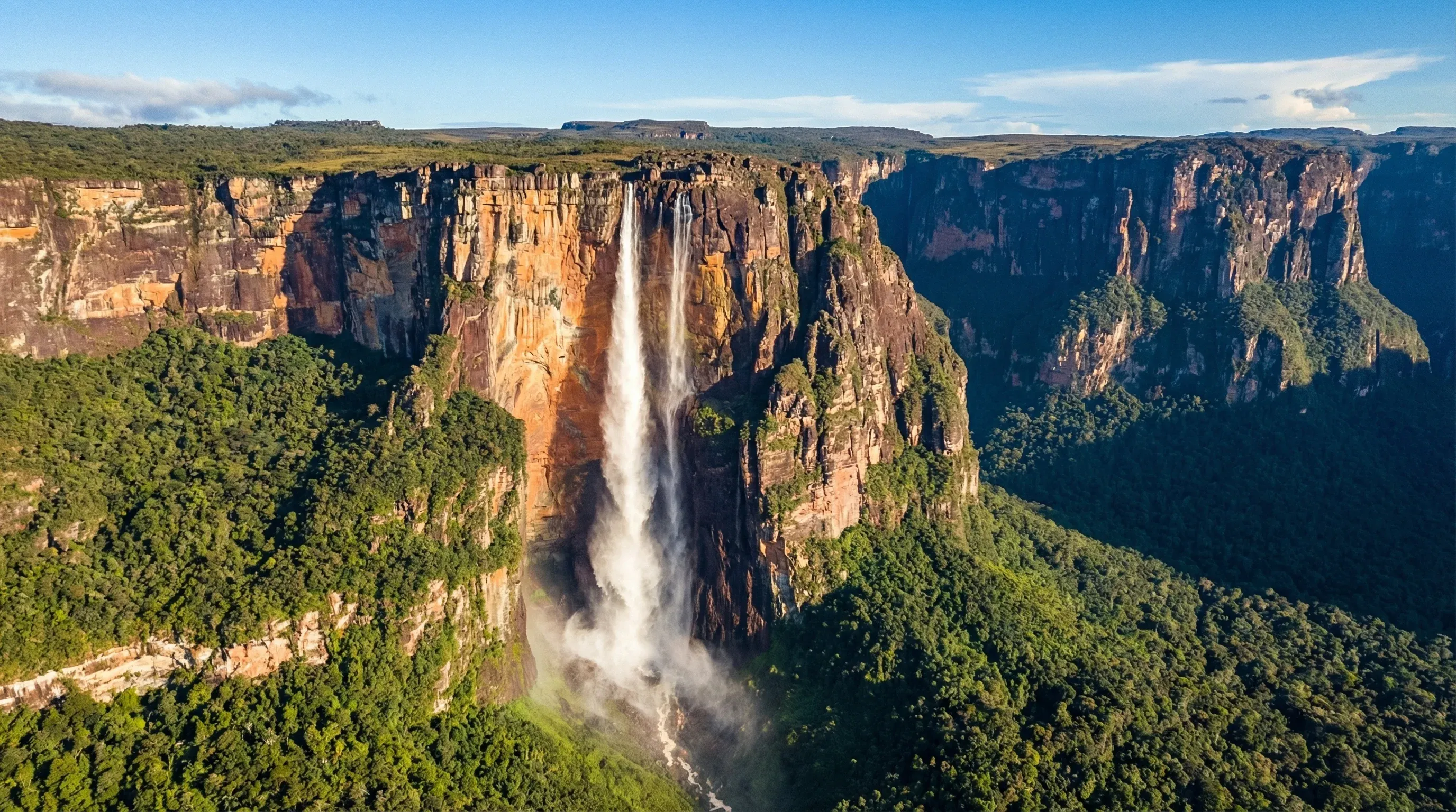 A wide-angle view of Angel Falls cascading down the side of Auyán-tepui mountain into a green jungle valley under a clear blue sky.
