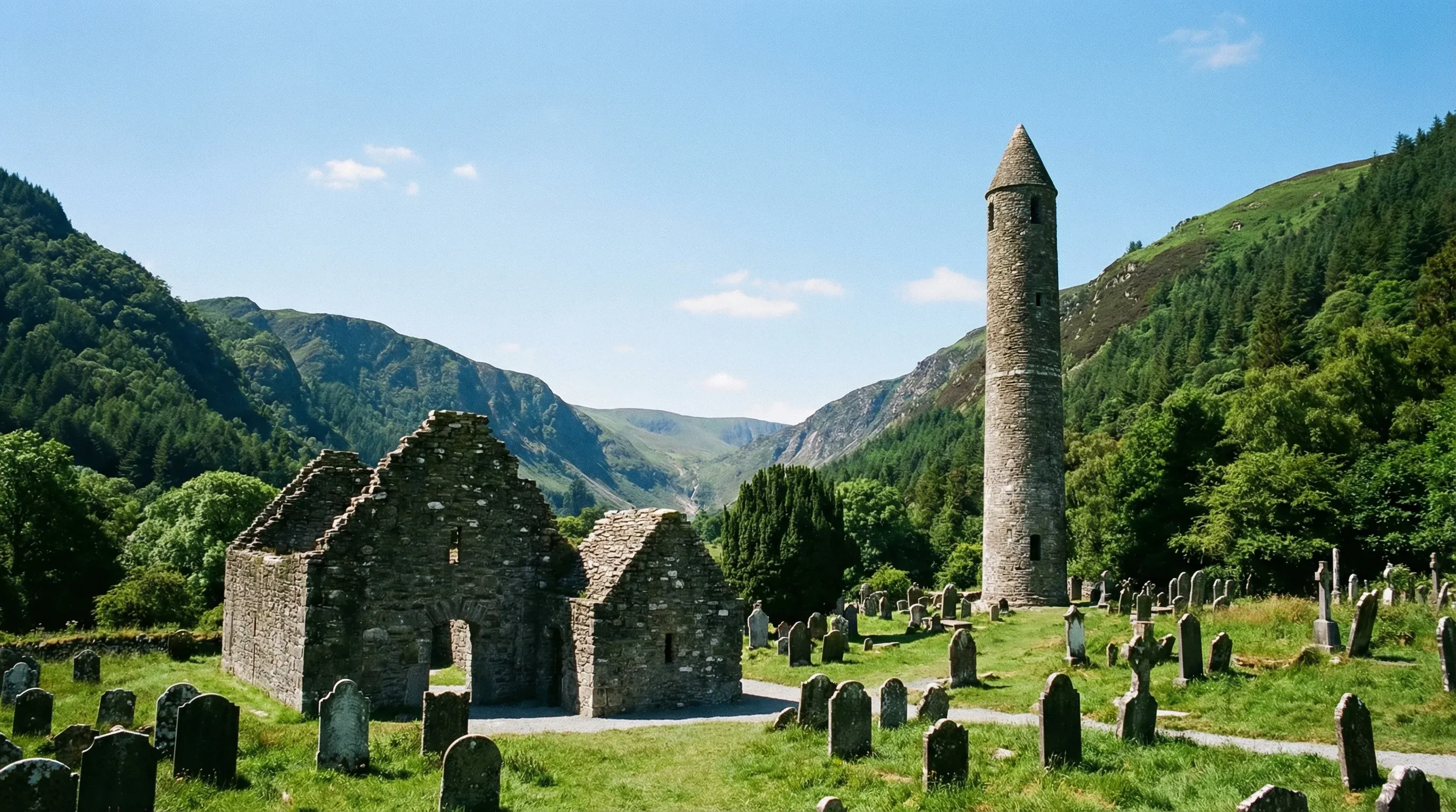 A stone round tower and ancient church ruins at Glendalough, situated in a green valley between forested mountains under a blue sky.