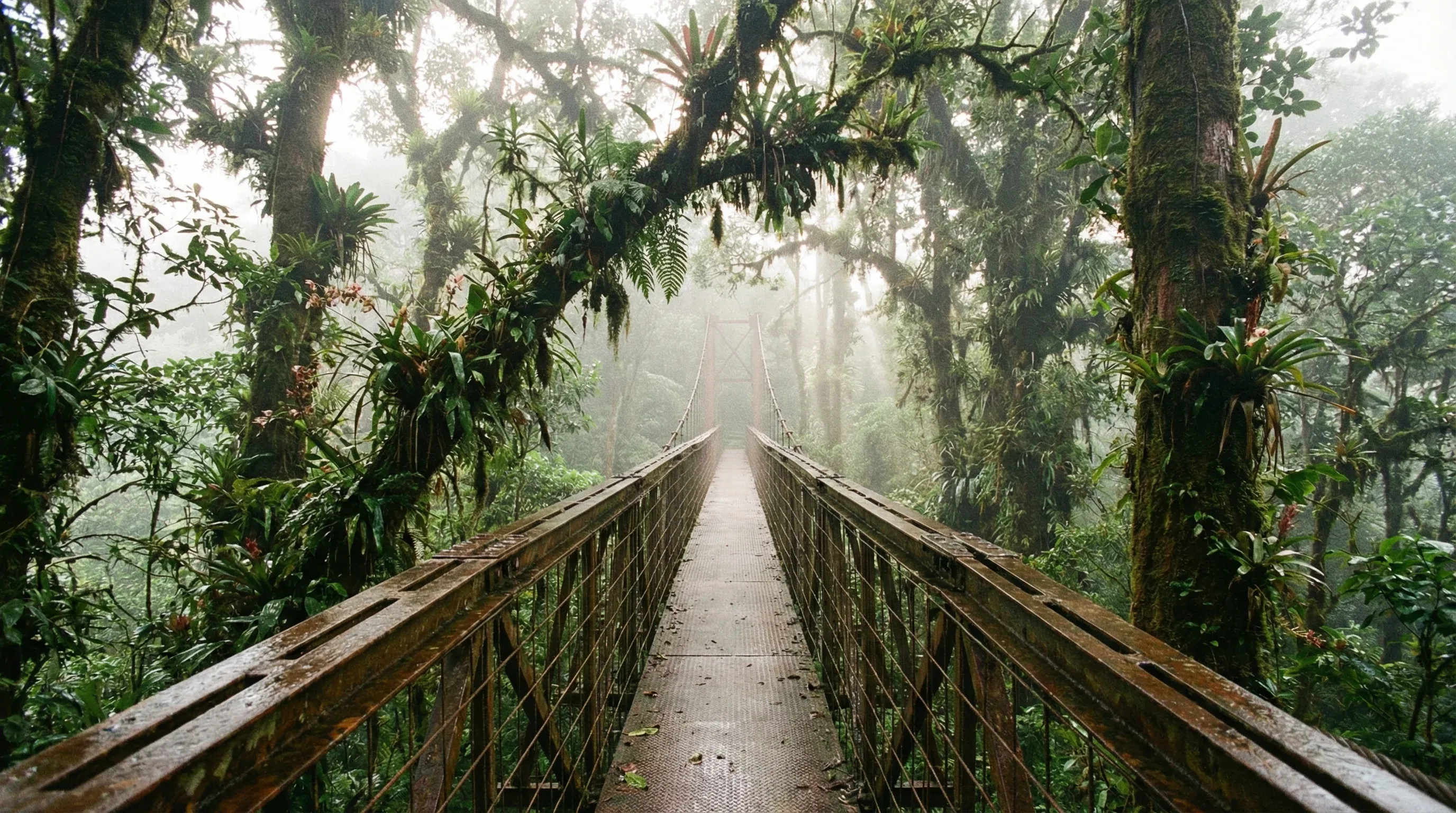A suspension bridge crossing through the high, moss-covered canopy of the Monteverde Cloud Forest.