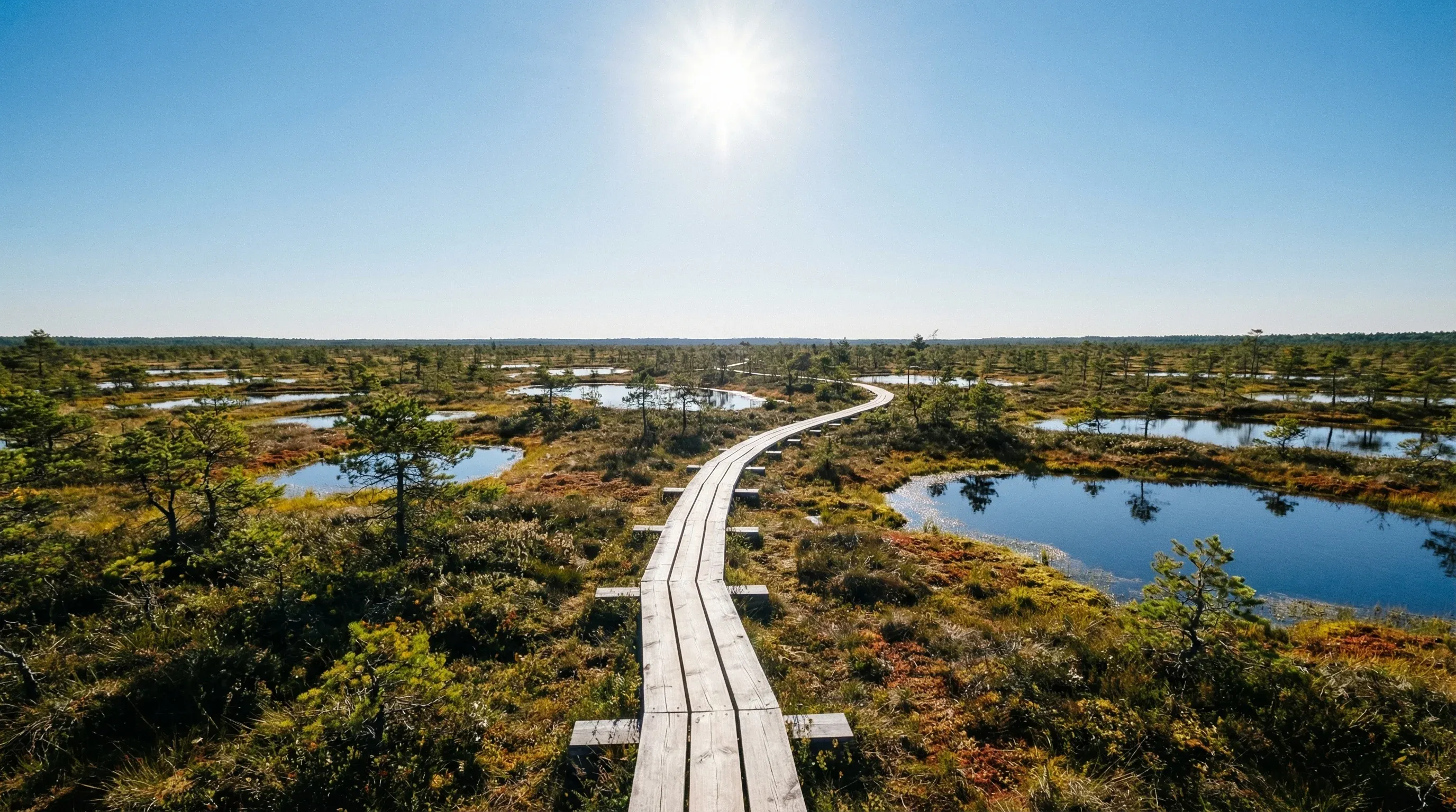 A wooden boardwalk winds through the mossy wetlands and dark pools of Kemeri Bog in Latvia under a clear blue sky.