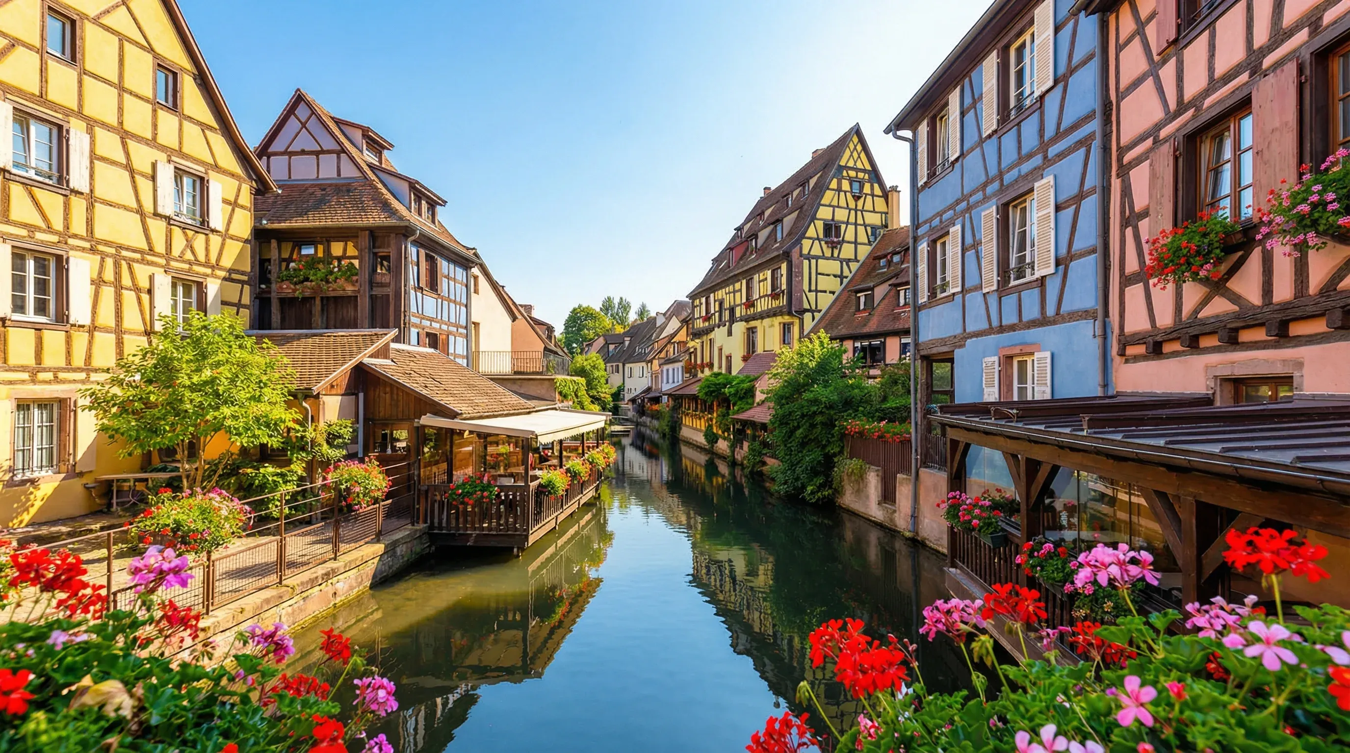 Colorful historic half-timbered houses lining the Lauch River canal in the Petite Venise district of Colmar, France.
