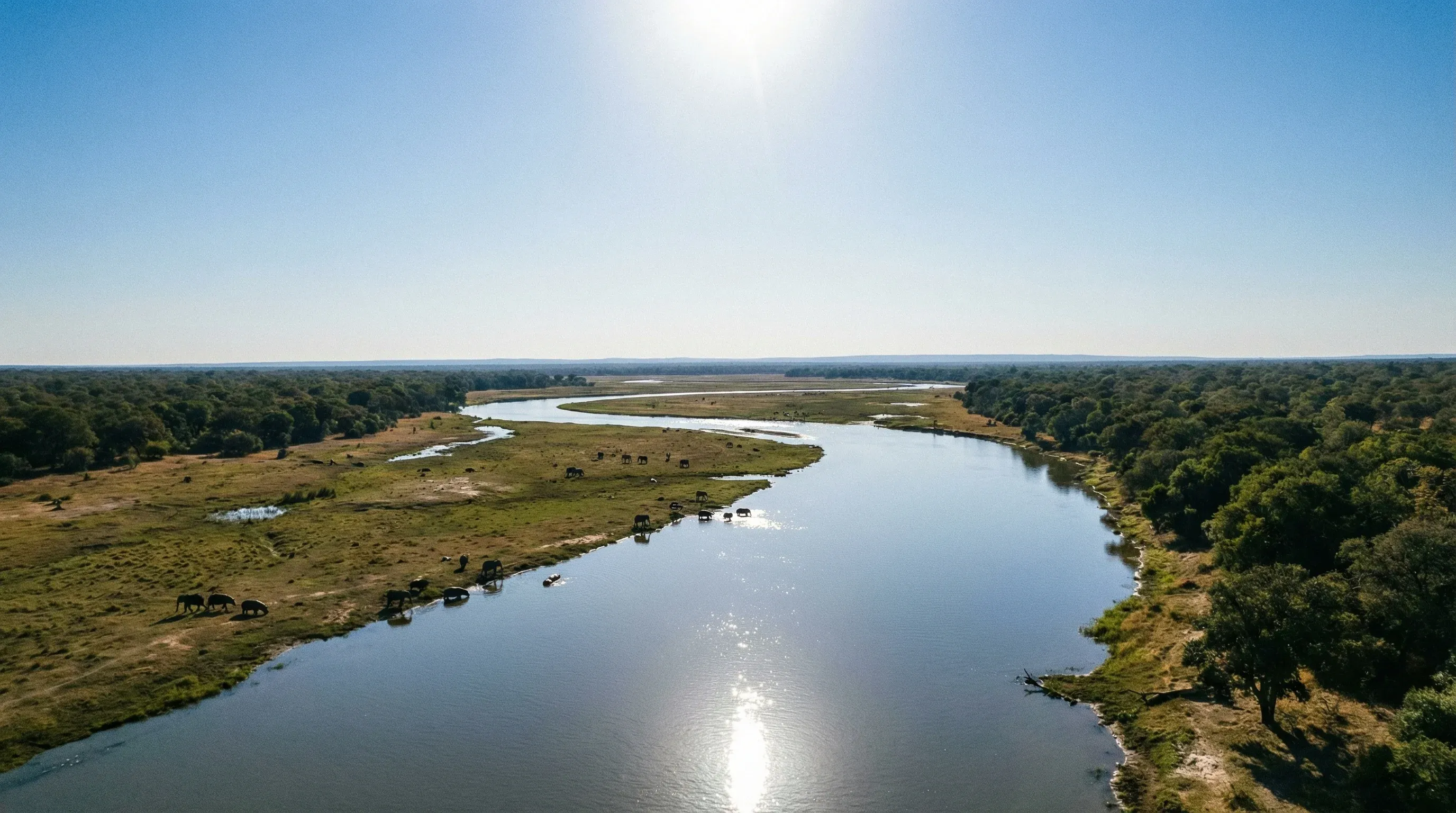 A wide-angle view of the Shire River winding through the floodplains and mopane woodlands of Liwonde National Park.