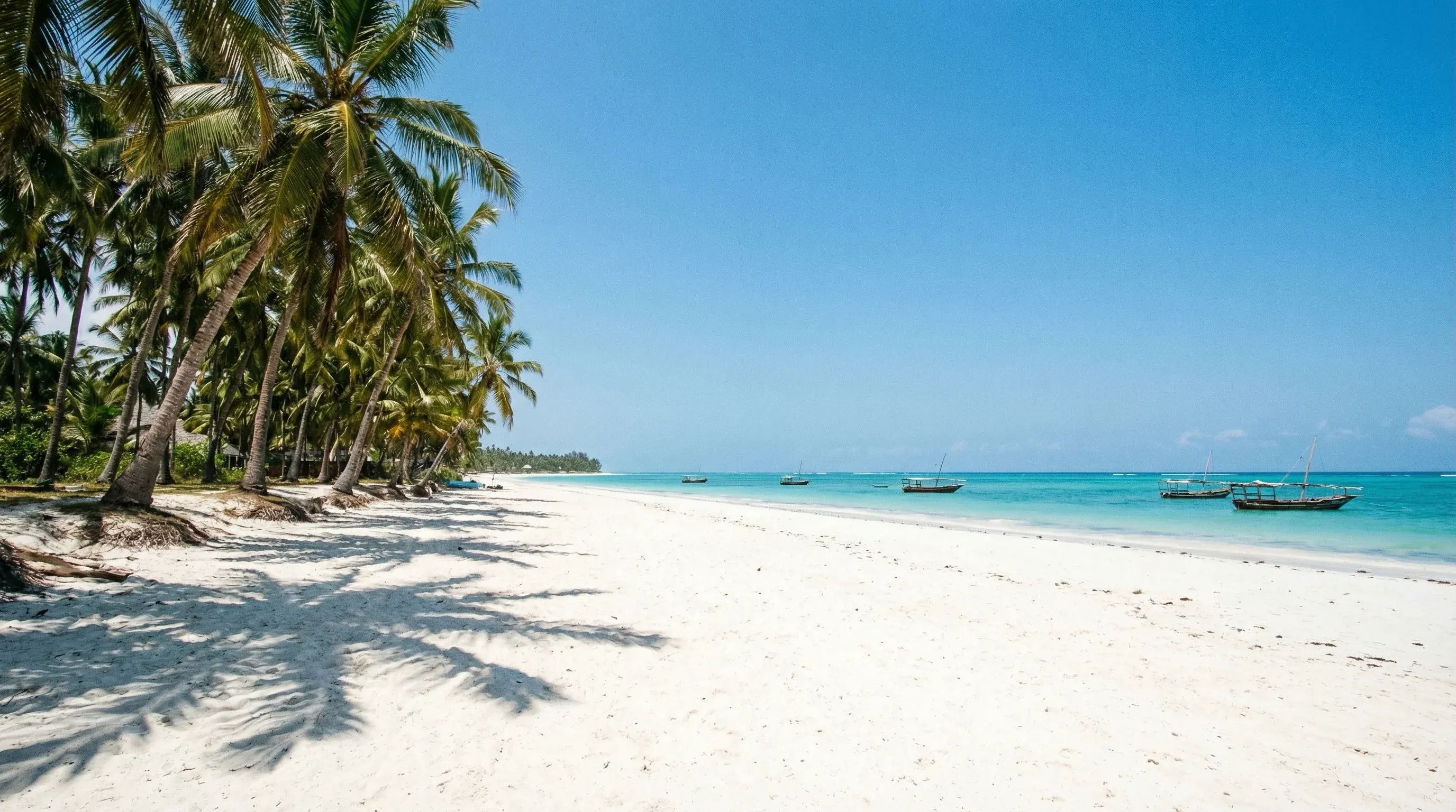 A white sand beach with turquoise water and palm trees at Diani Beach along the Indian Ocean coast.