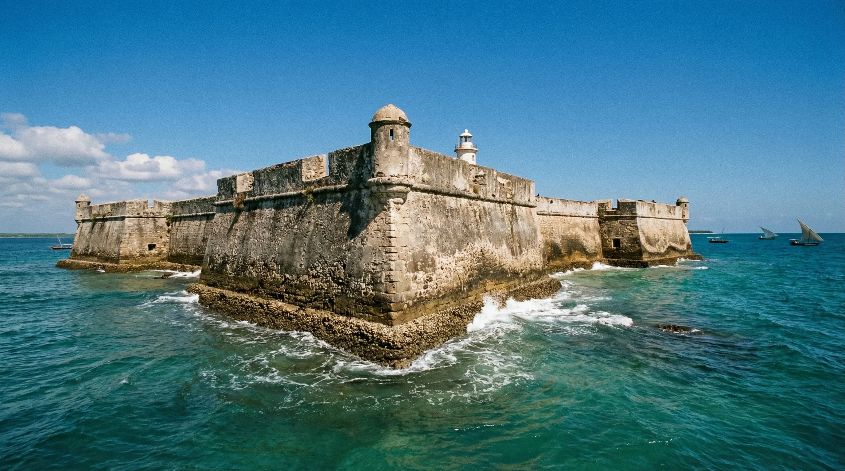 The historic stone walls of the Fortress of San Sebastian on the coast of the Island of Mozambique.