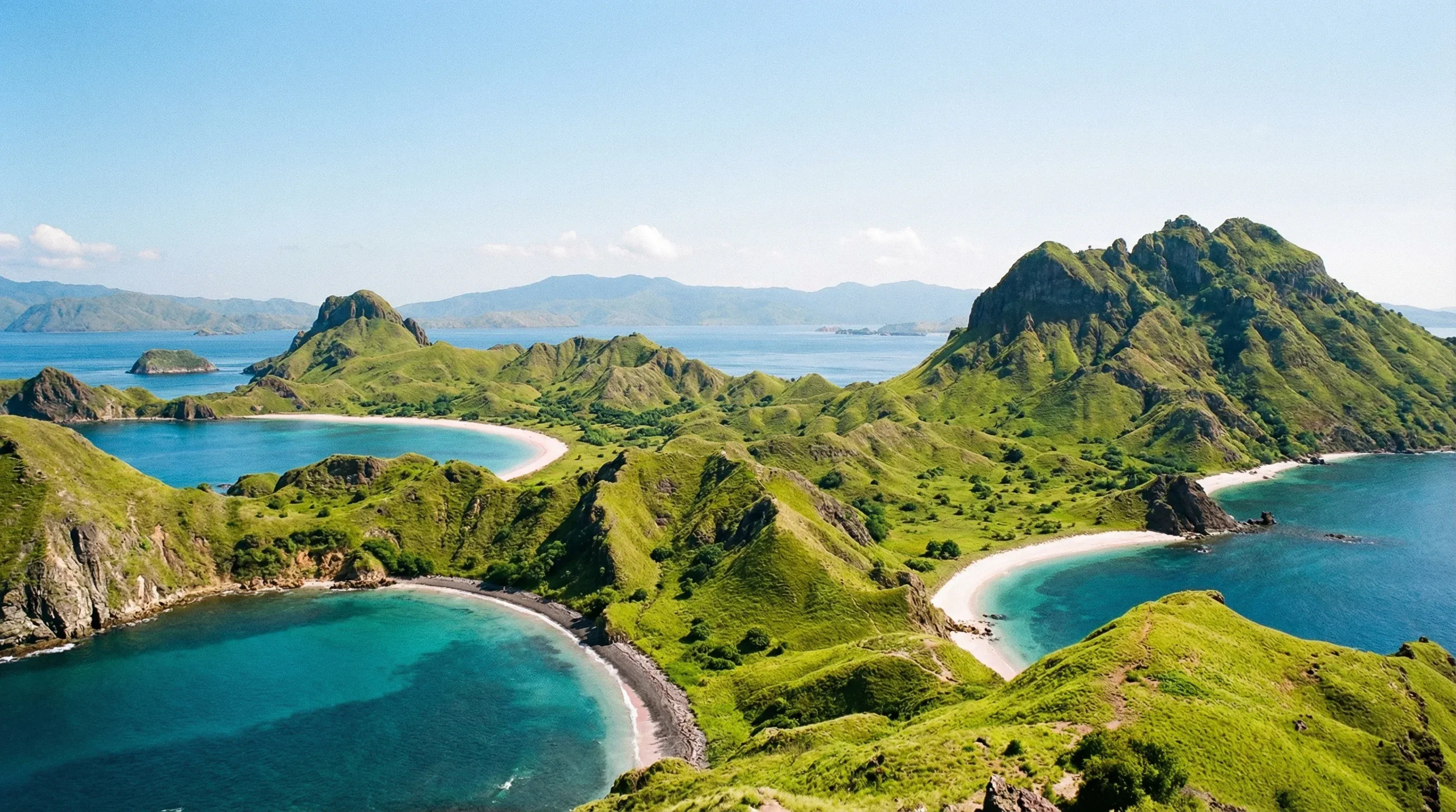A panoramic view of the three colored-sand beaches and rugged hills of Padar Island in Komodo National Park.