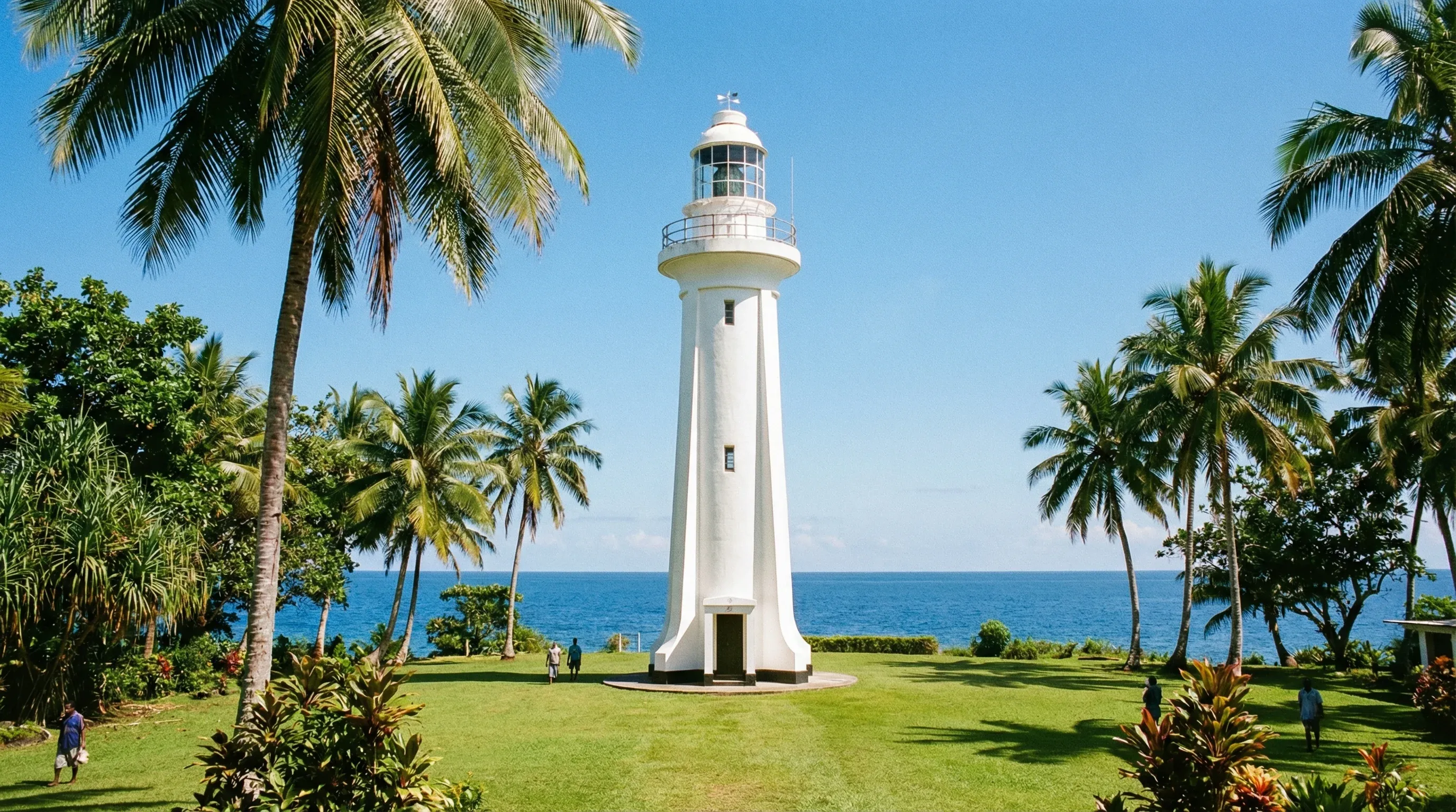 The white Kalibobo Lighthouse stands among palm trees on the coast of Madang, overlooking the Bismarck Sea.