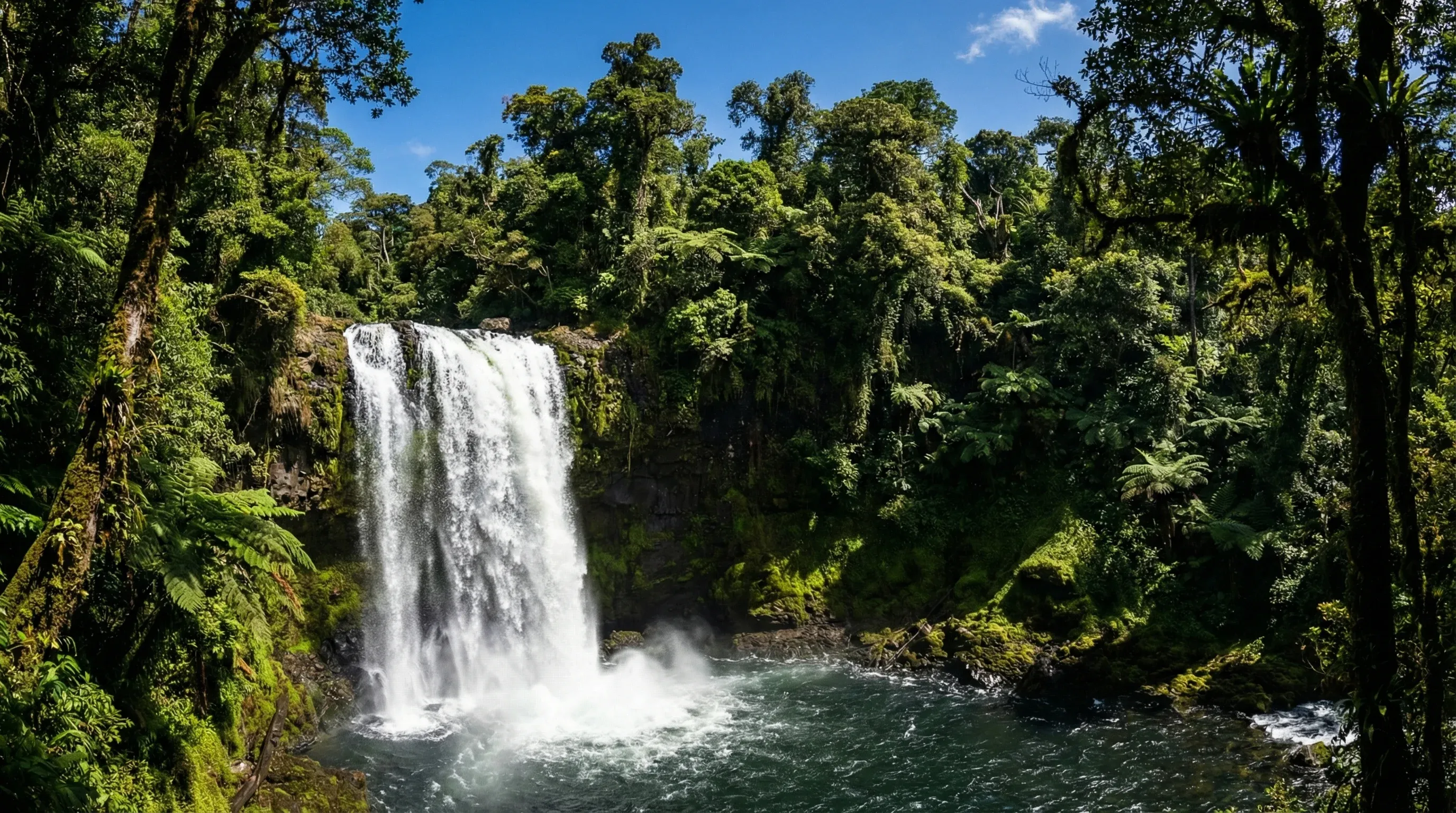 A large waterfall plunging over a cliff into a pool surrounded by dense green rainforest on Guadalcanal.