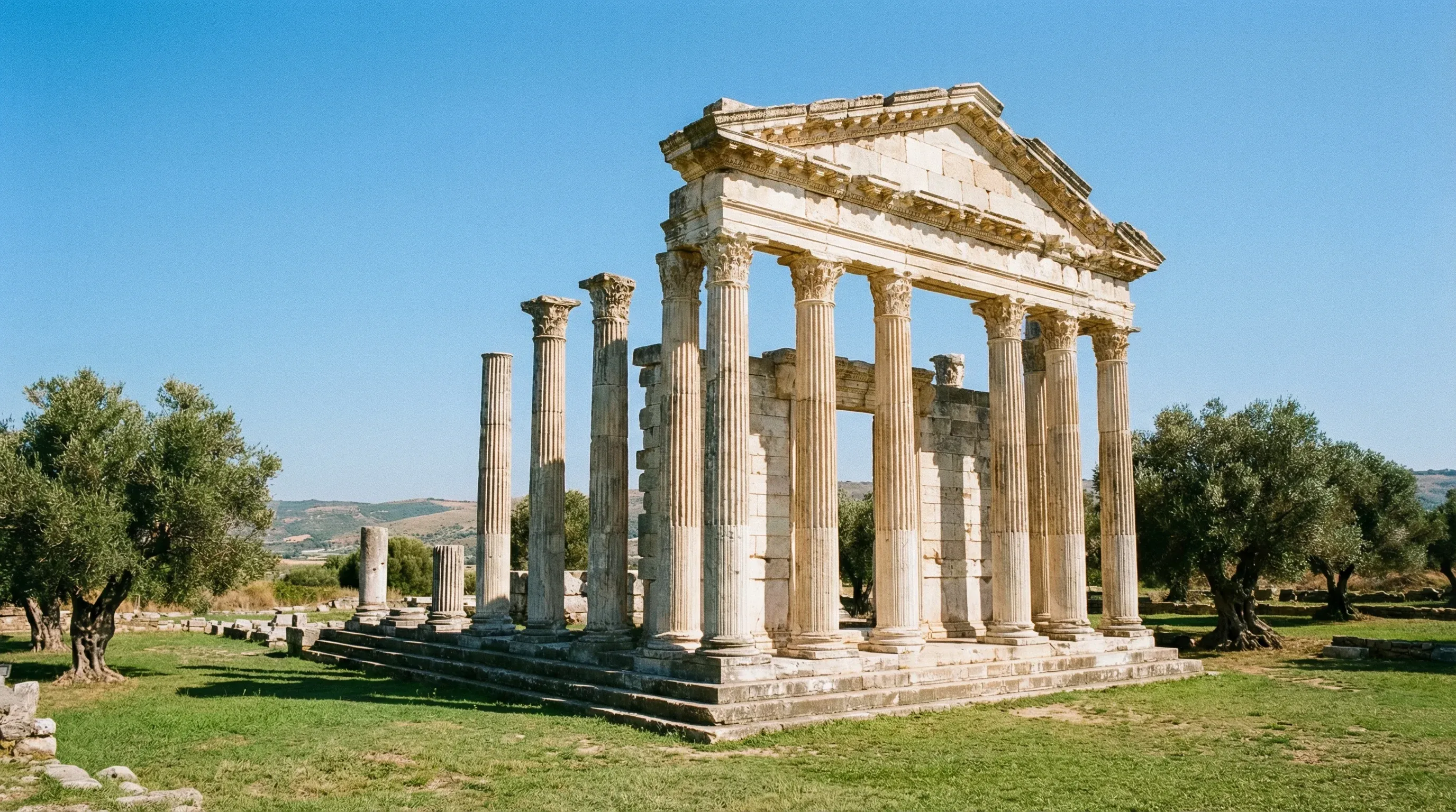 The ancient Corinthian columns of the Agonothetes Monument at Apollonia Archaeological Park under a clear blue sky.