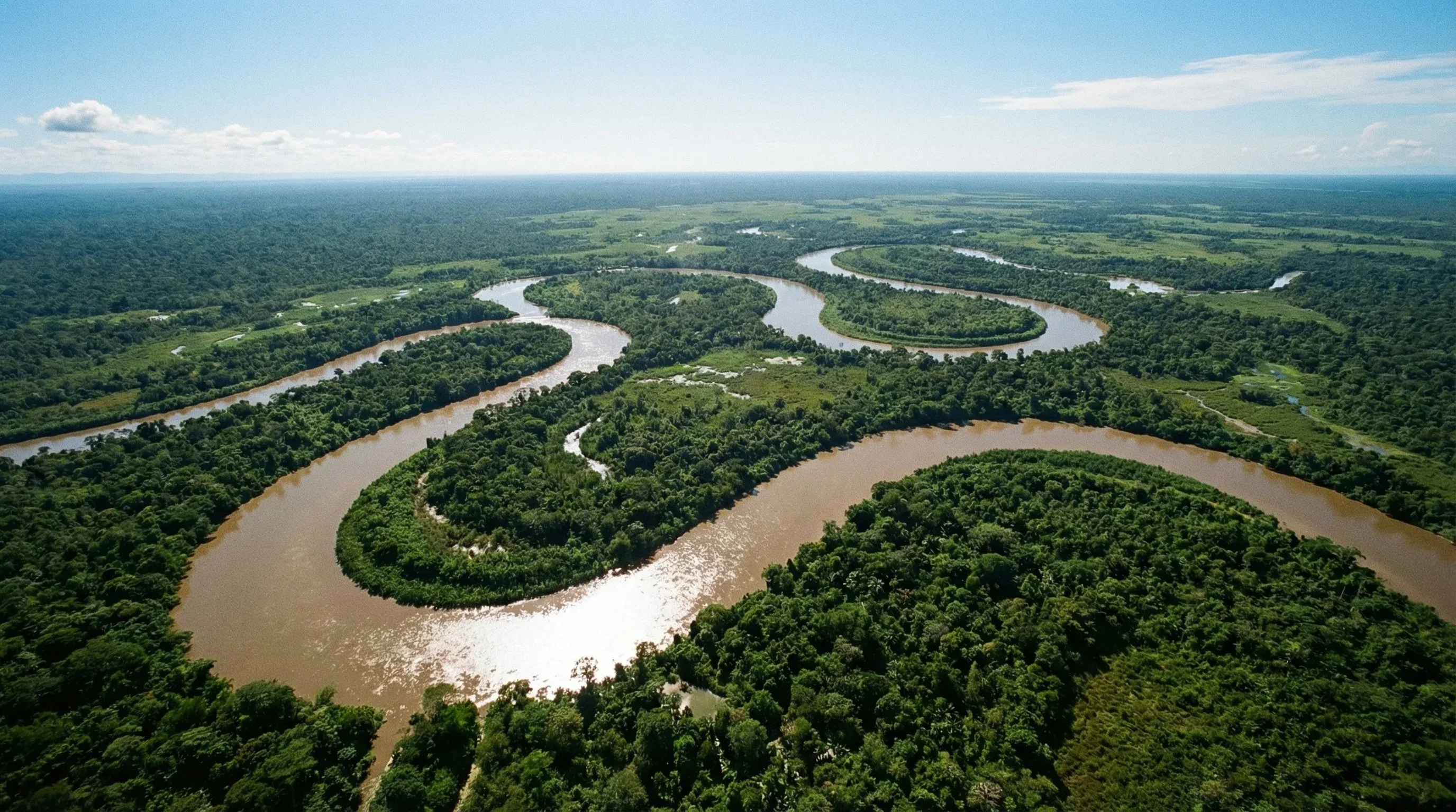 An elevated view of the Sepik River winding in large loops through the dense tropical rainforest and wetlands of northern Papua New Guinea.