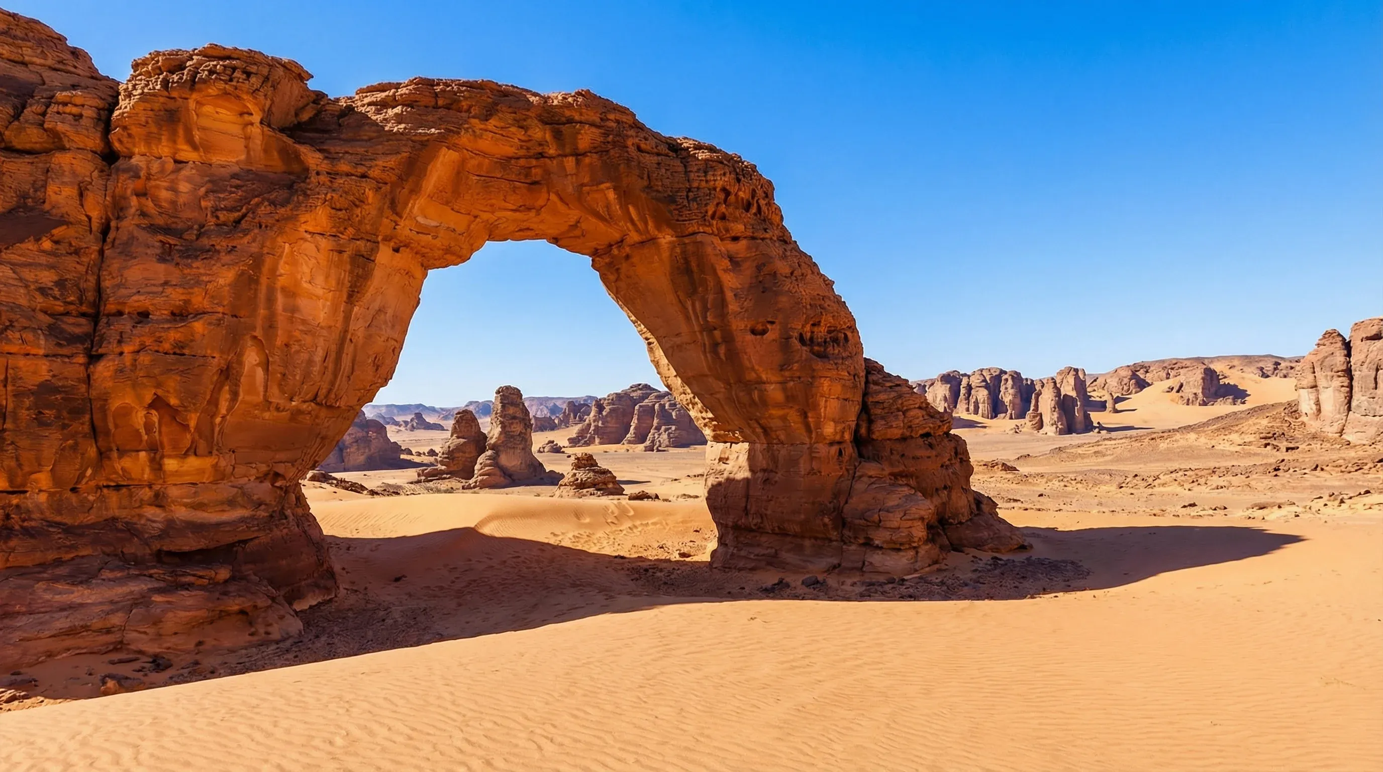 A large natural sandstone arch and weathered rock formations in the Sahara desert of Tassili n'Ajjer National Park.