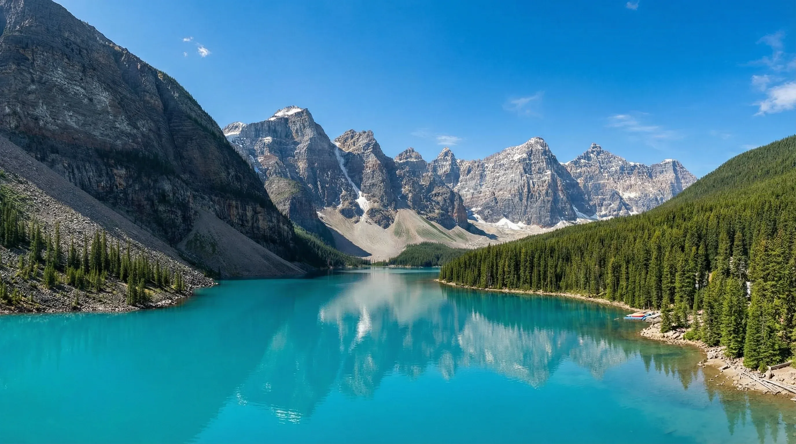 A wide-angle view of the turquoise Moraine Lake and the surrounding Valley of the Ten Peaks in Banff National Park, Alberta, under a clear sky.