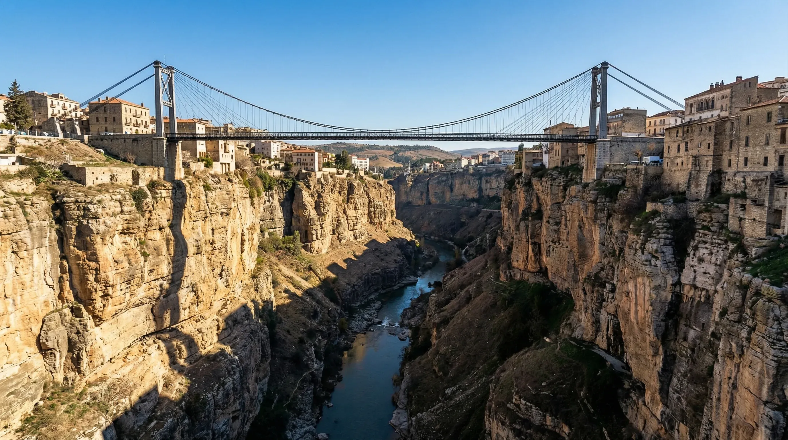 The Sidi M'Cid suspension bridge spanning a deep rocky gorge between high cliffs in the city of Constantine.