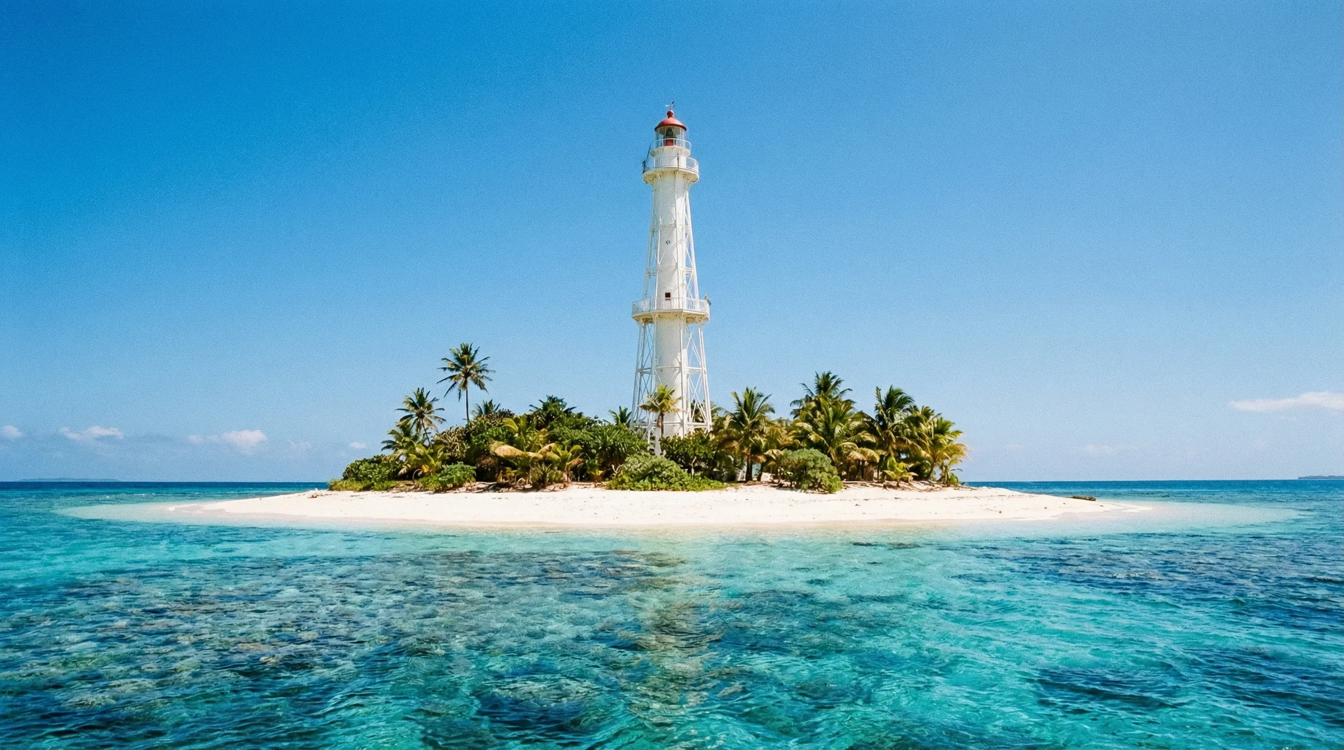 The historic white Amedee Lighthouse standing on a small tropical islet surrounded by the turquoise lagoon near Nouméa.