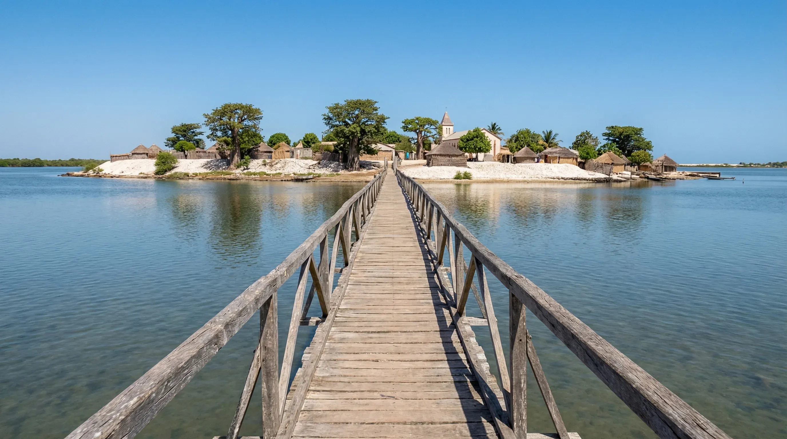 A long wooden bridge crossing a lagoon to the shell-covered island of Fadiouth on Senegal's Petite Côte.