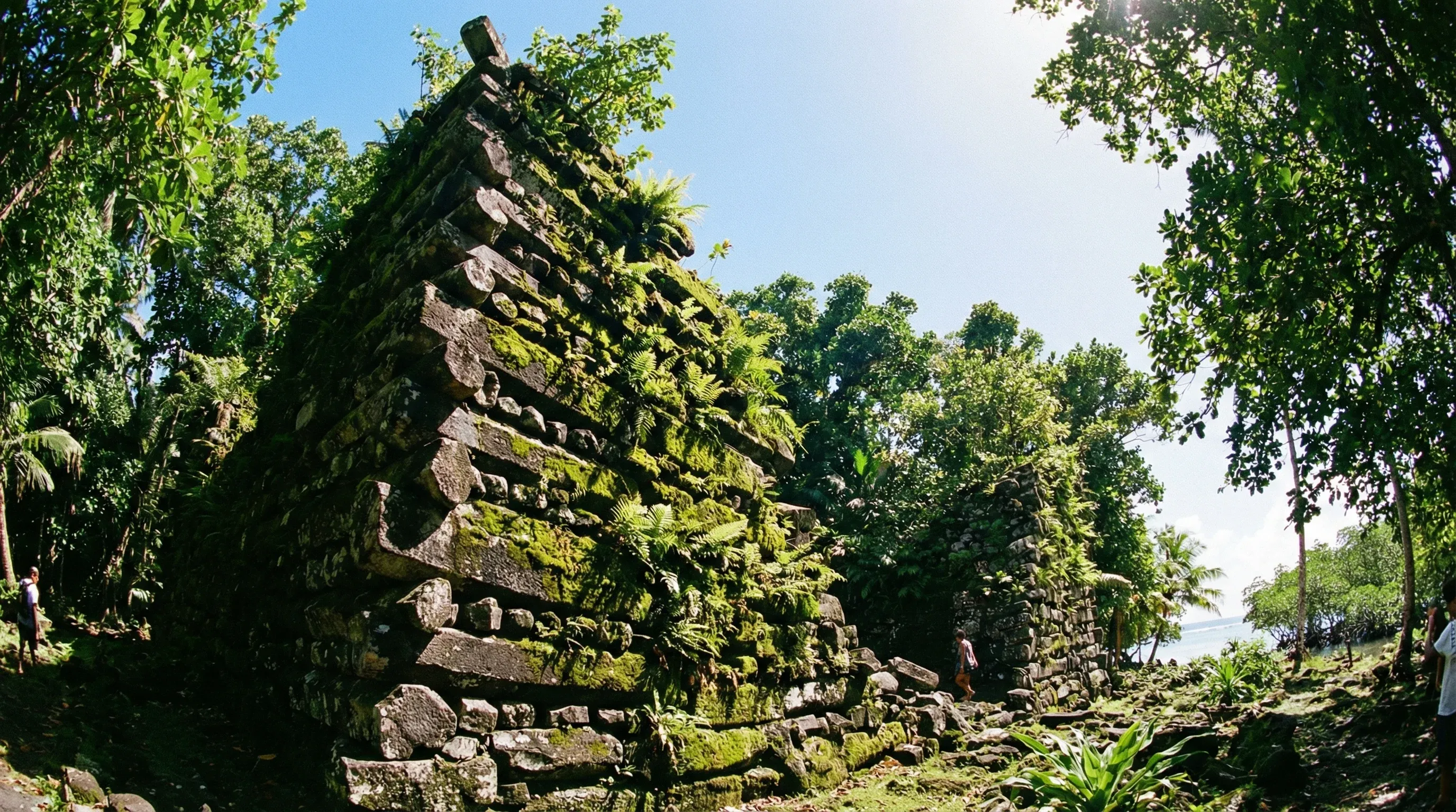 Ancient megalithic walls built from stacked basalt columns at the Lelu Ruins, surrounded by tropical jungle on Kosrae.