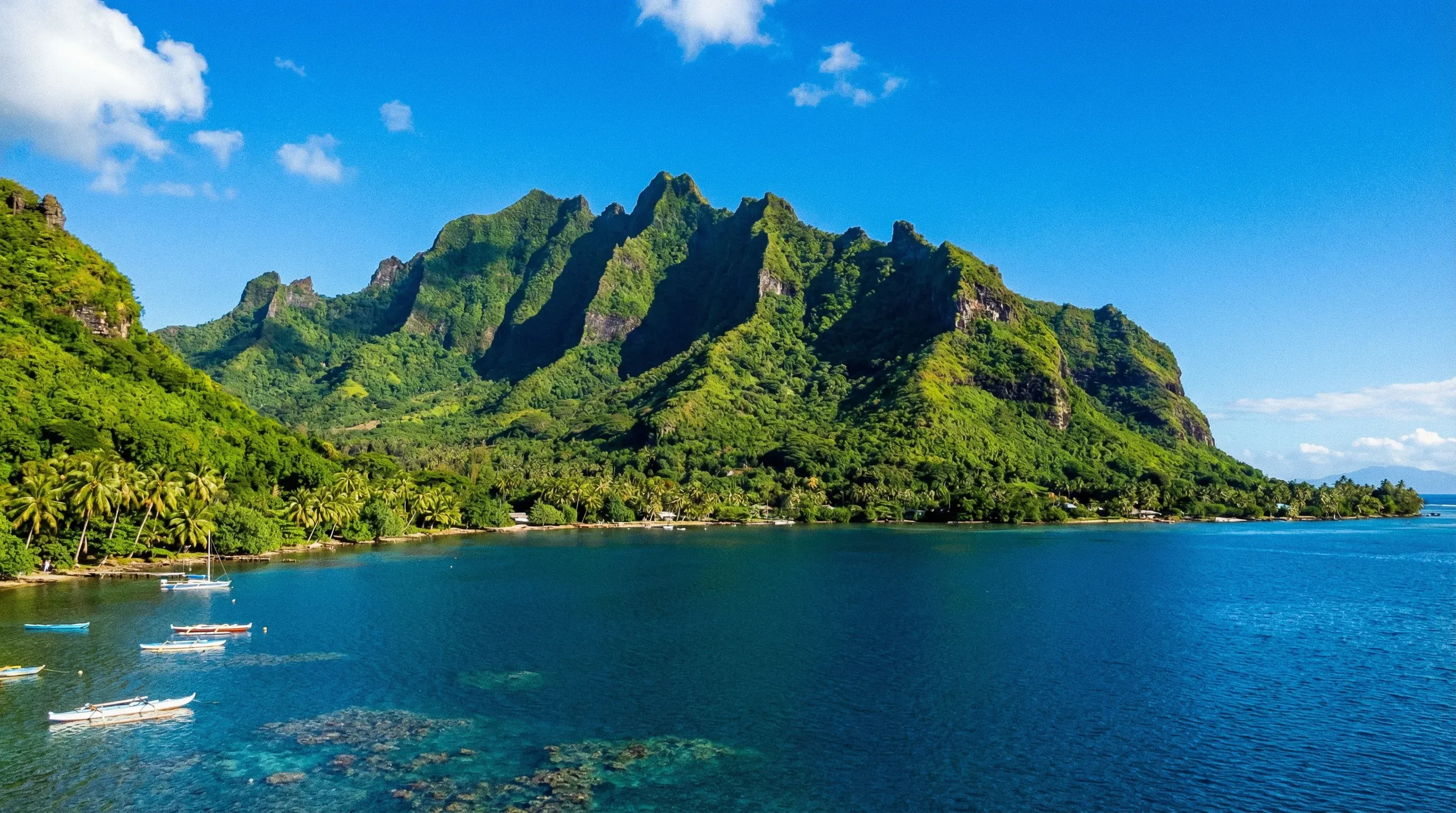 The jagged green slopes of Mount Rotui rise between the tropical bays of Moorea island under a bright midday sun.