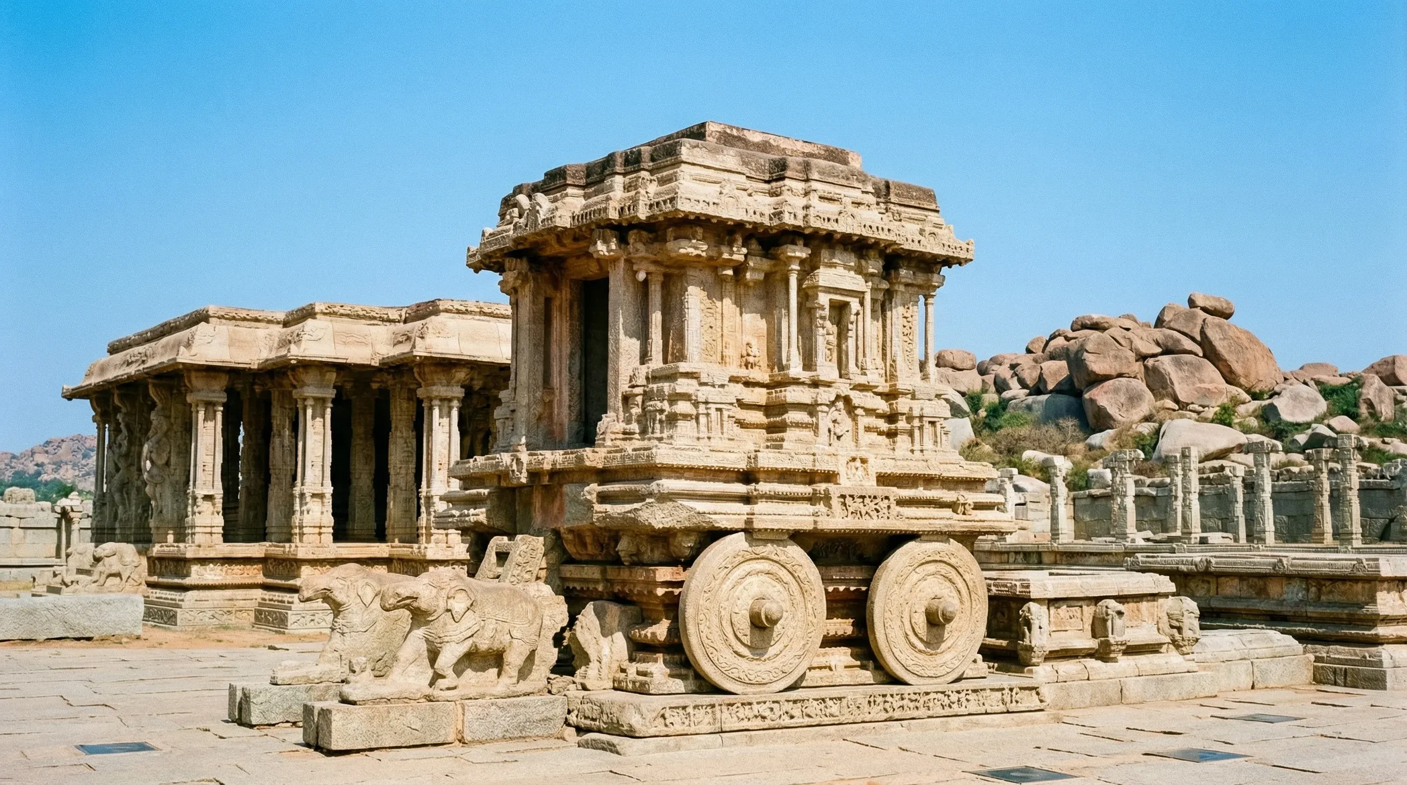The ancient Stone Chariot at the Vittala Temple complex in Hampi, surrounded by granite ruins and boulders.