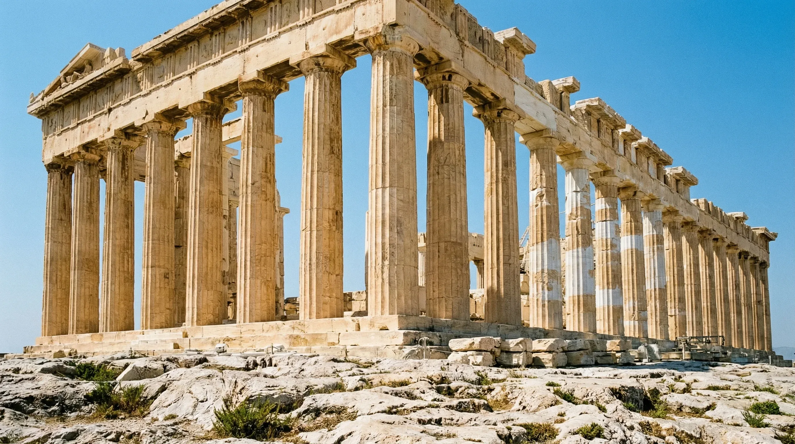 A wide-angle view of the ancient marble Parthenon temple under a clear blue sky in Athens.