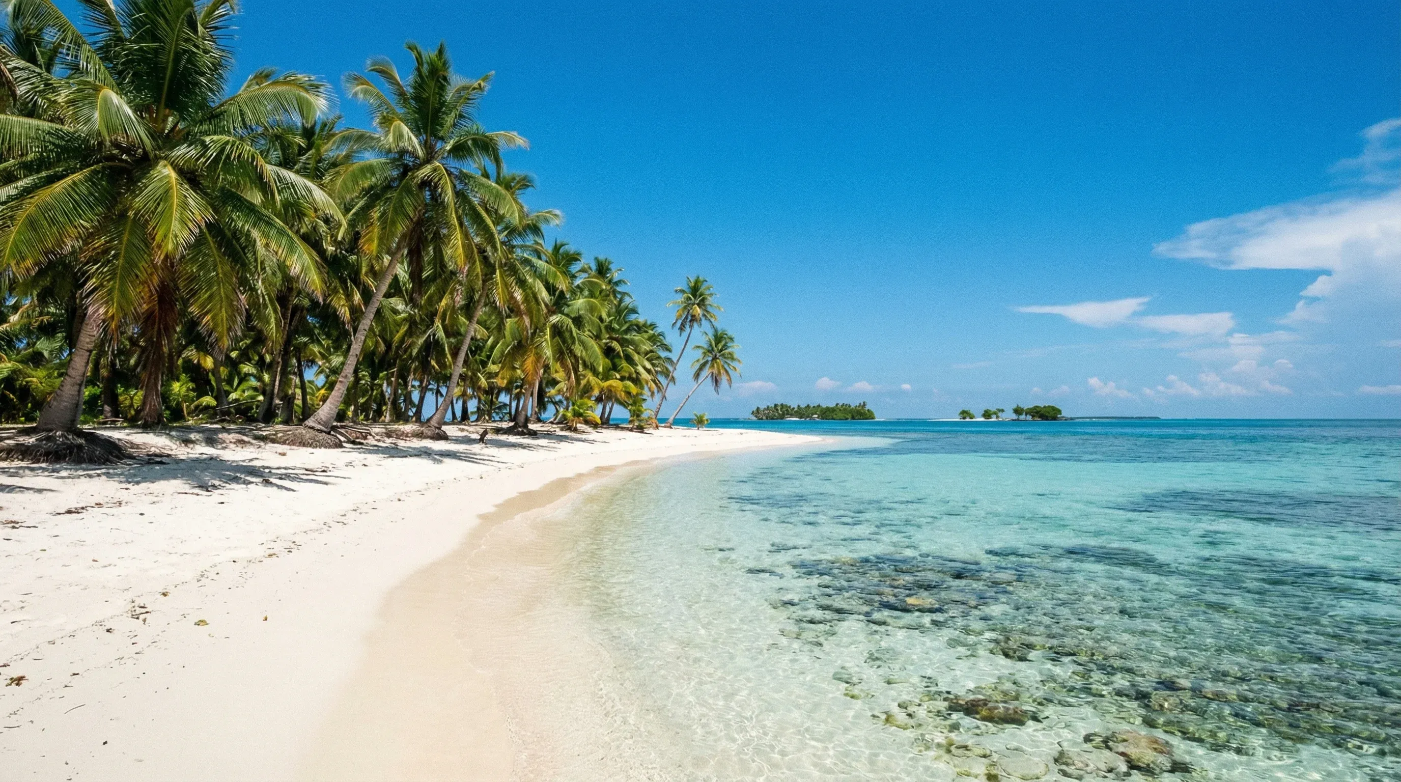A white sand beach on the Placencia Peninsula with palm trees leaning over clear turquoise water under a bright midday sun.