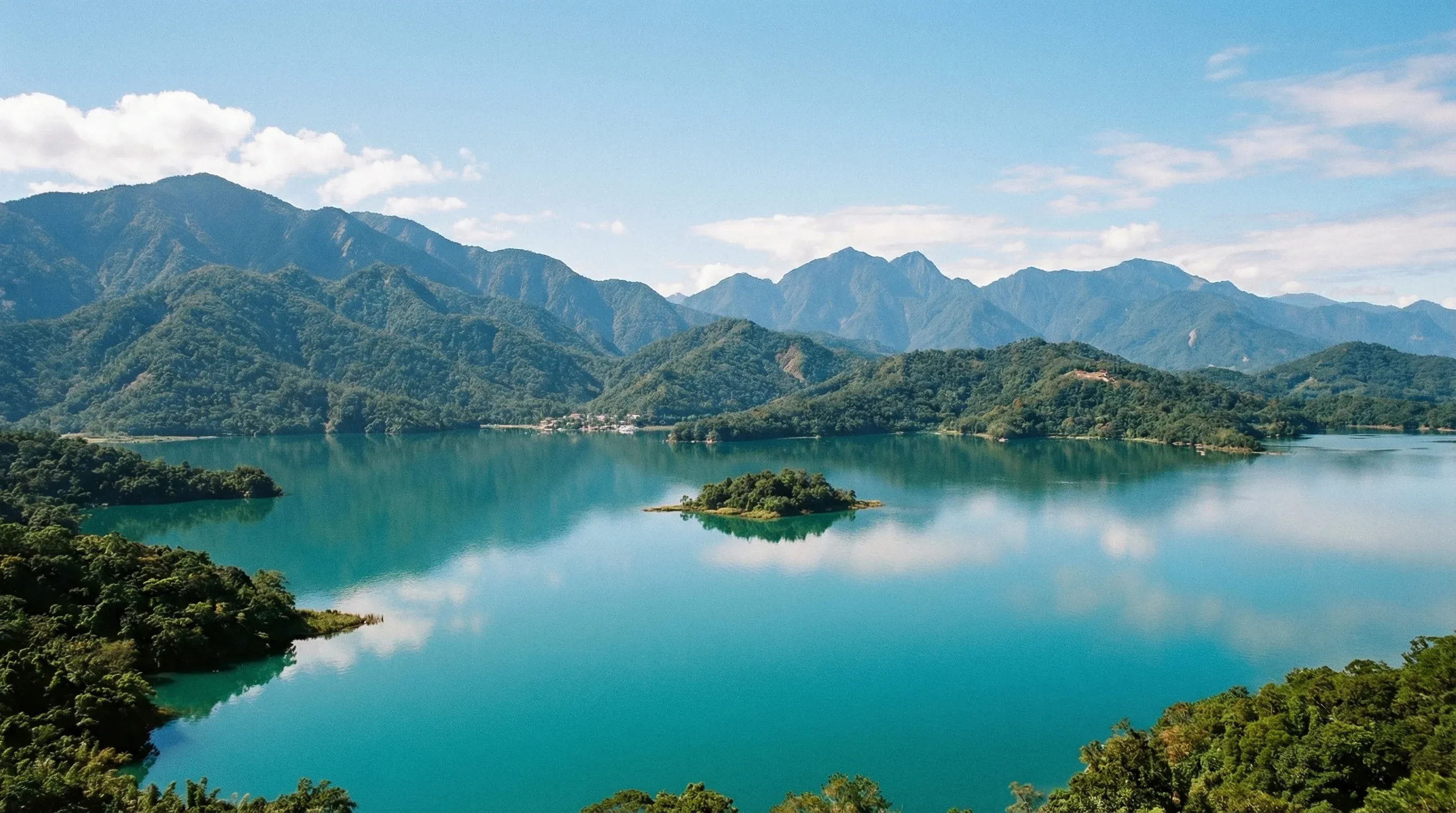 An elevated wide-angle view of Sun Moon Lake surrounded by forested mountains under a clear sky.