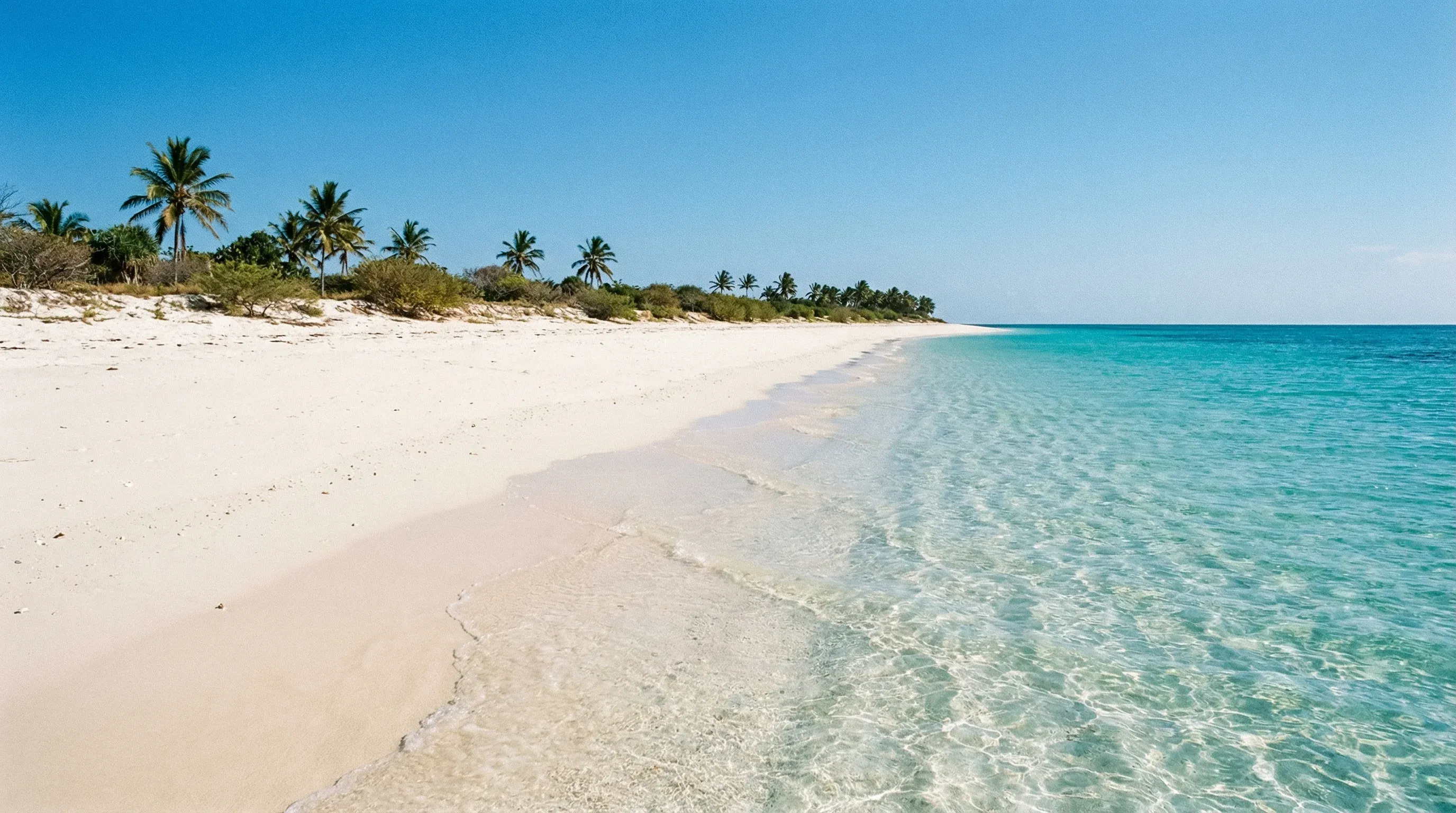 White sand beach and clear turquoise water of Mbudya Island near Dar es Salaam under a clear sky.