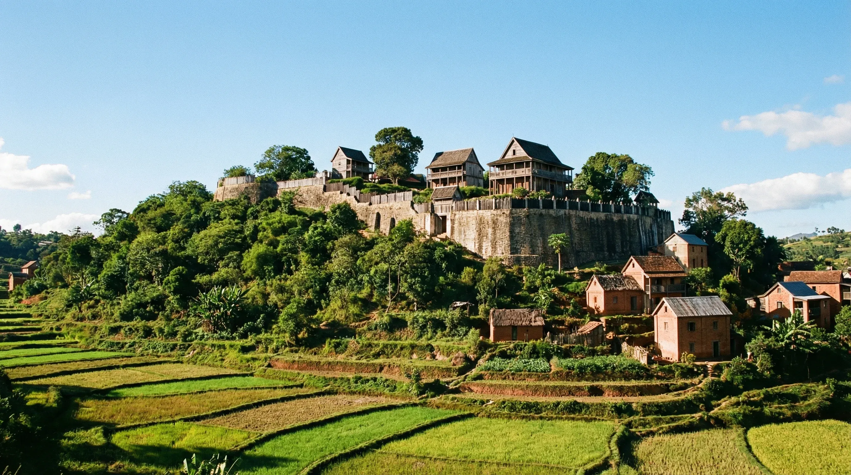 A wide-angle view of the historic Royal Hill of Ambohimanga palaces and stone fortifications on a hilltop in the Madagascar highlands.