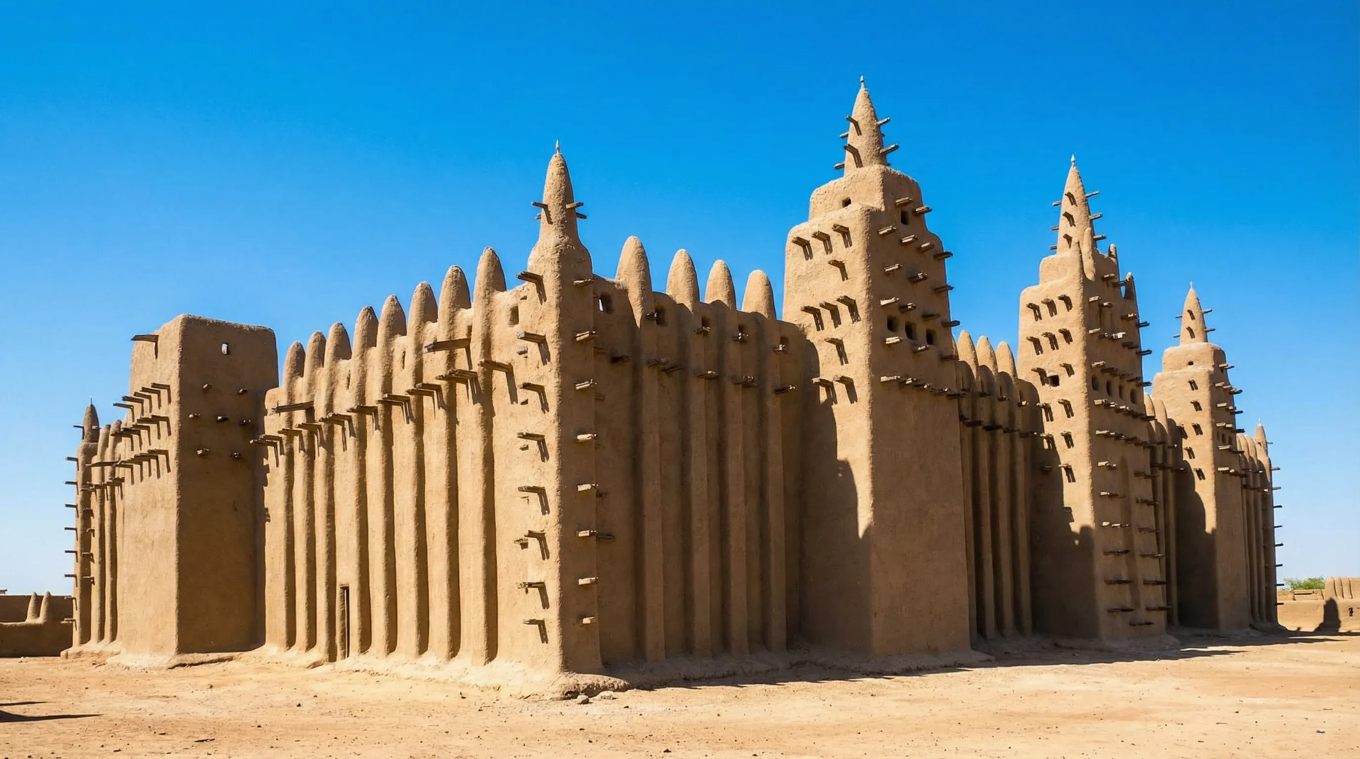 The Sudano-Sahelian style Grand Mosque of Mopti in Mali, featuring mud-plastered walls and wooden beams.