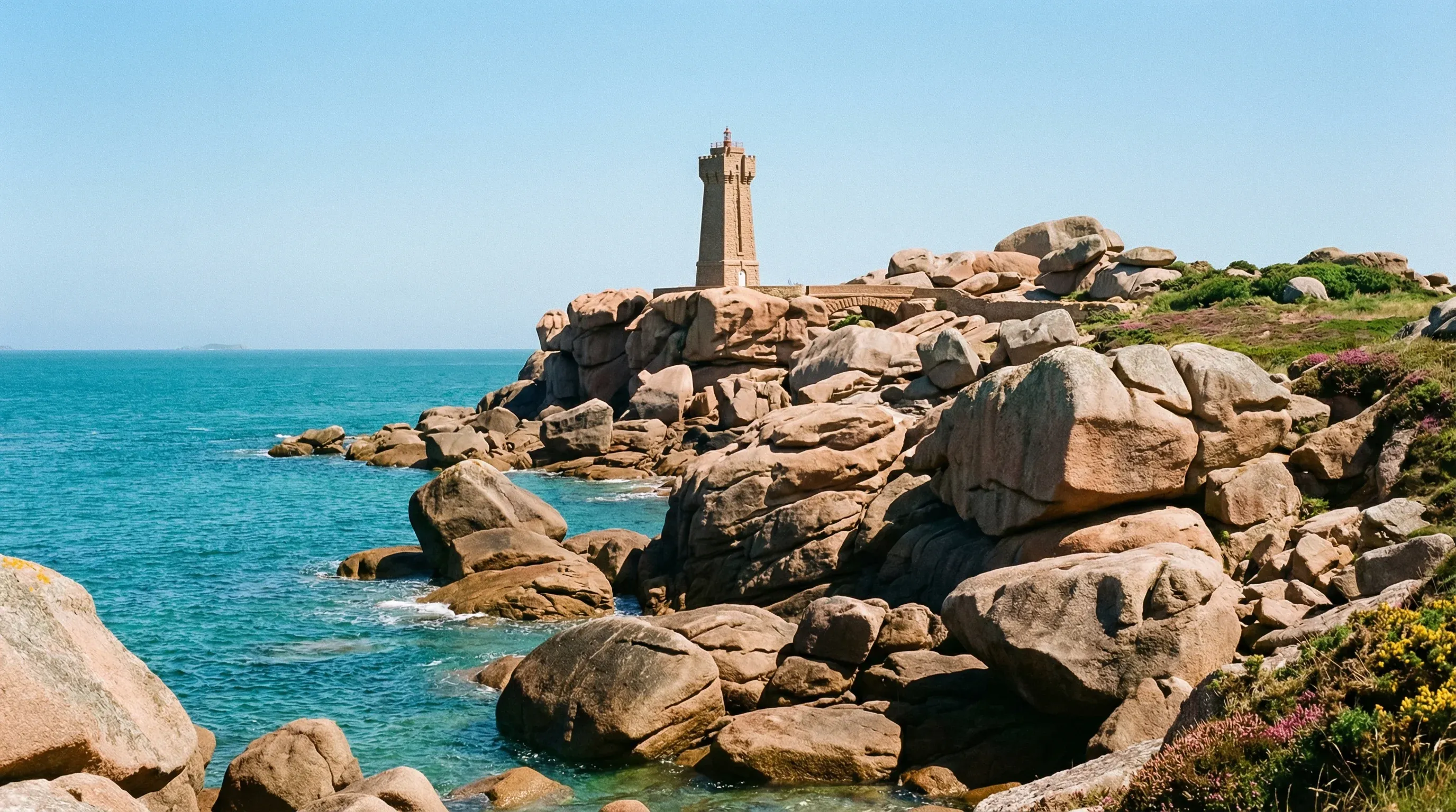 Pink granite rock formations and the Men Ruz lighthouse on the coastline of Ploumanac'h in Brittany, France.