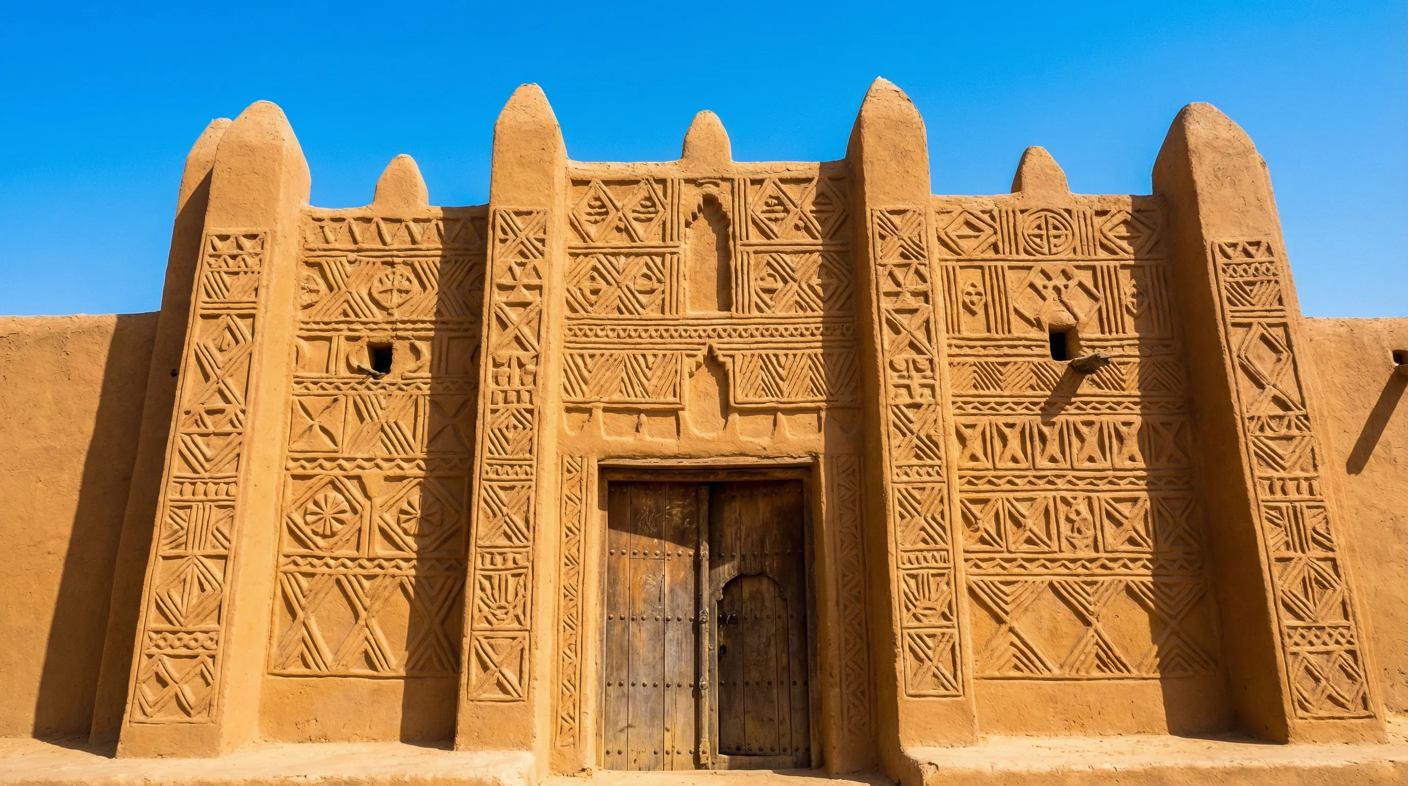 The traditional mud-brick entrance of the Emir's Palace in Kano, featuring complex geometric carvings and earth-toned walls.