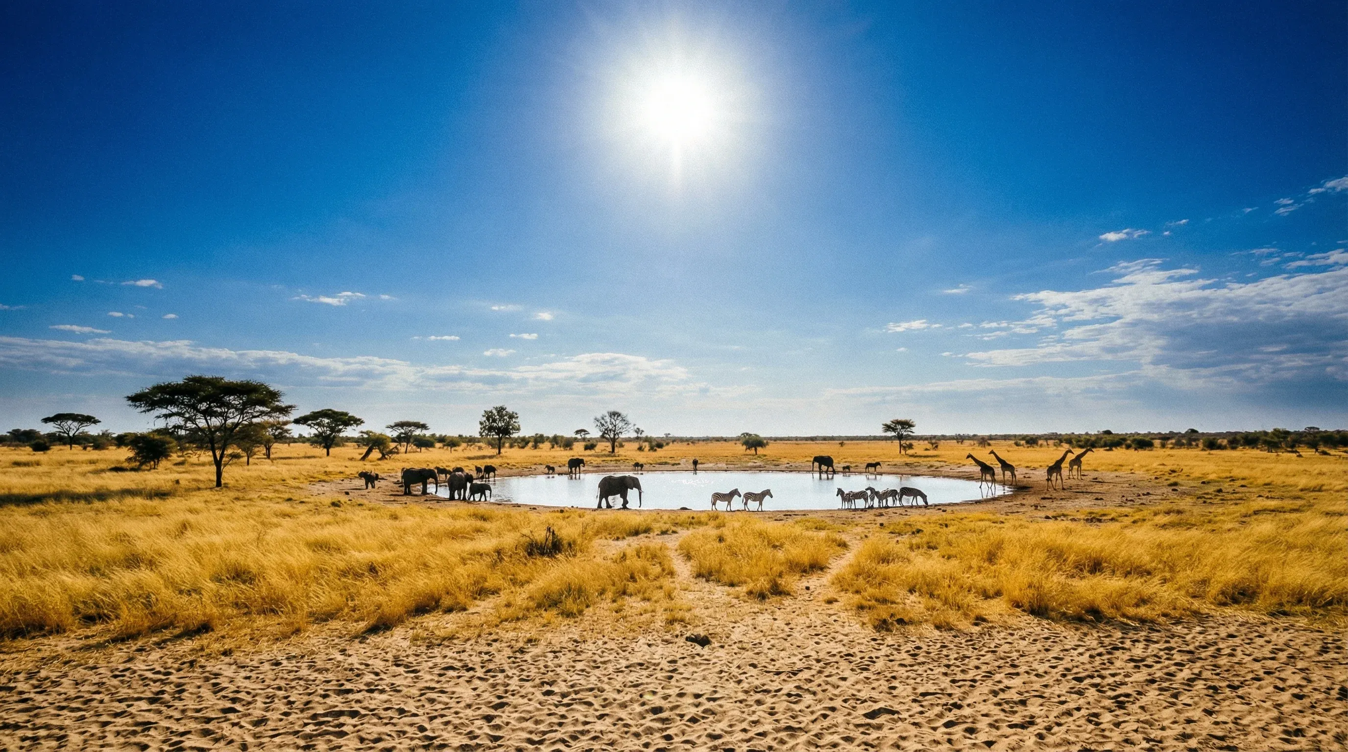 A wide savannah landscape featuring a waterhole and scattered trees in Hwange National Park under a bright sun.