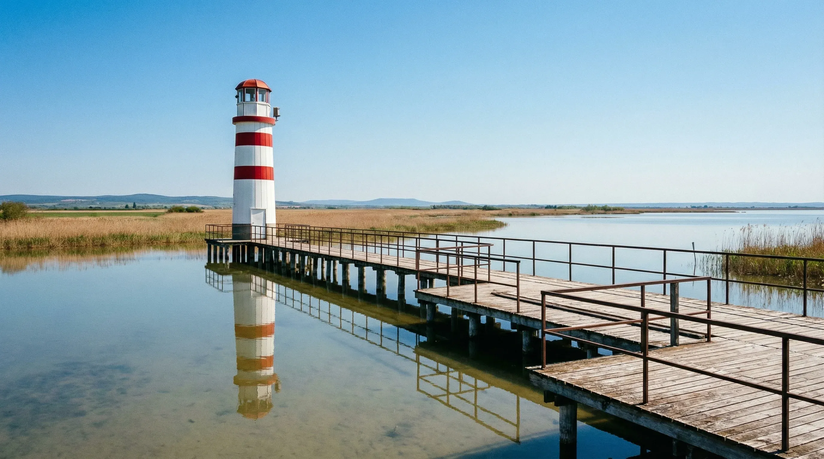 A red and white striped lighthouse stands at the end of a wooden pier on the calm waters of Lake Neusiedl under a bright sky.