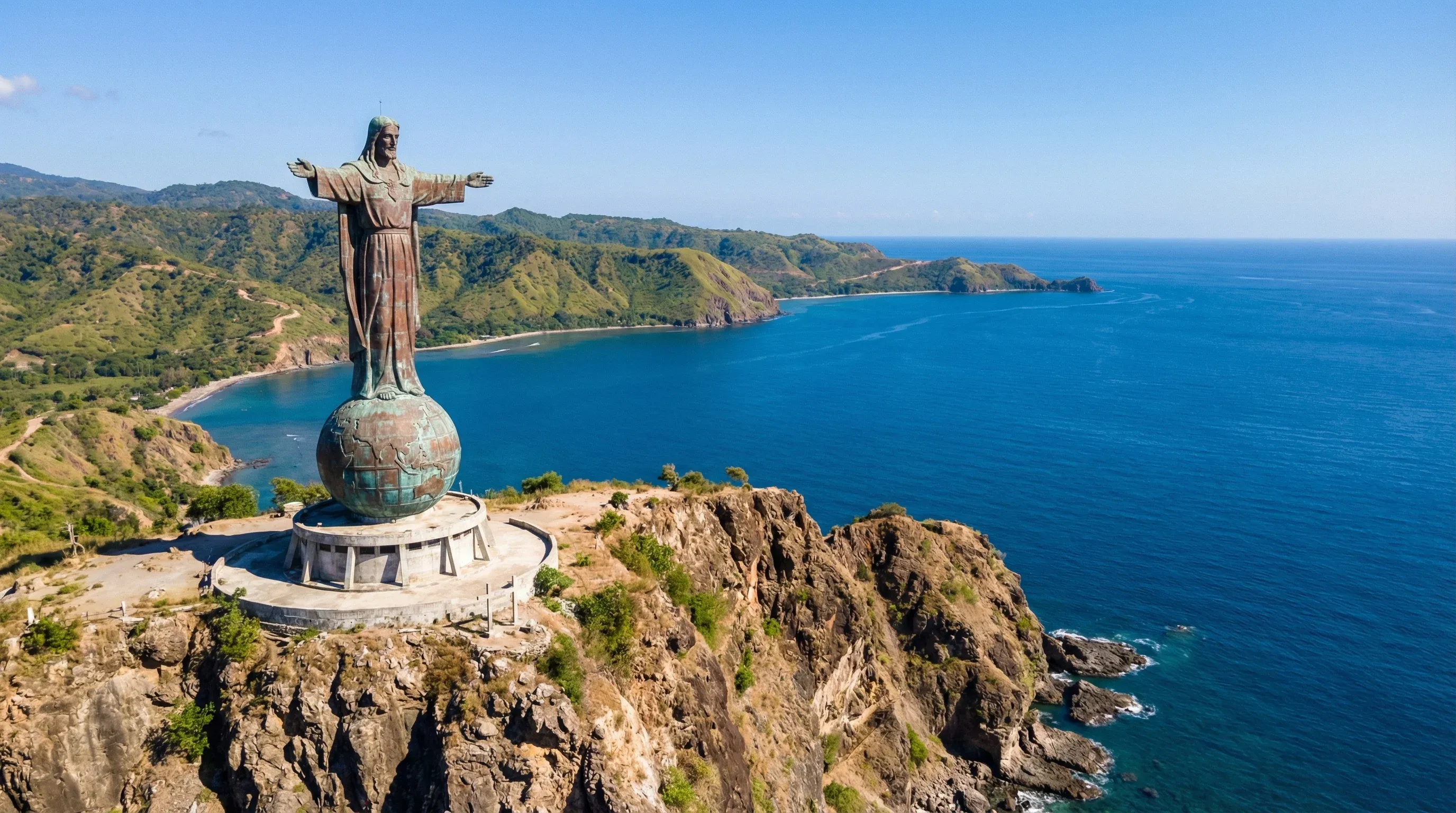The Cristo Rei statue stands on a globe at the top of a green peninsula overlooking the blue ocean and coastline in Dili.