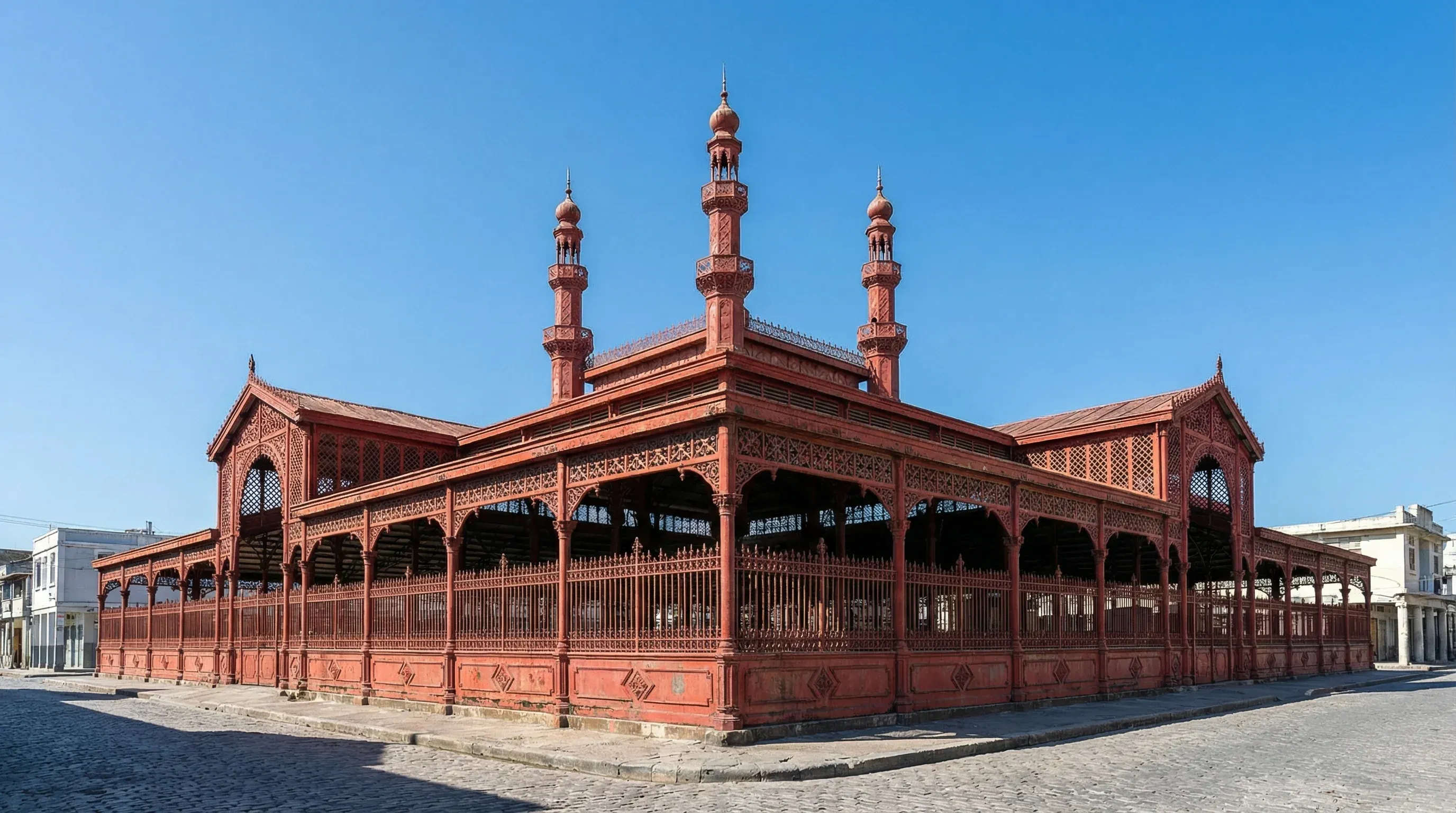 The red iron facade and decorative minarets of the historic Iron Market building in Port-au-Prince.