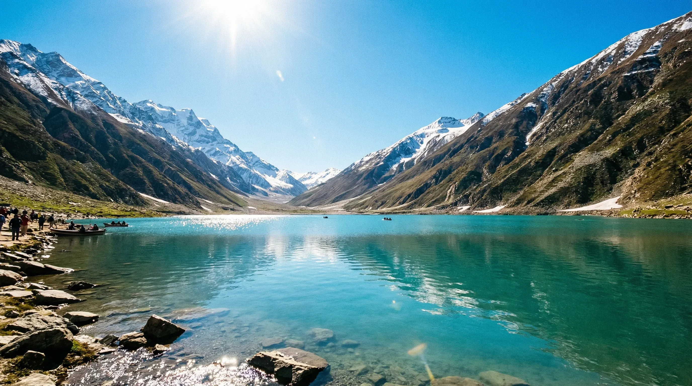 The turquoise waters of Lake Saif-ul-Muluk surrounded by high mountain peaks in Khyber Pakhtunkhwa.