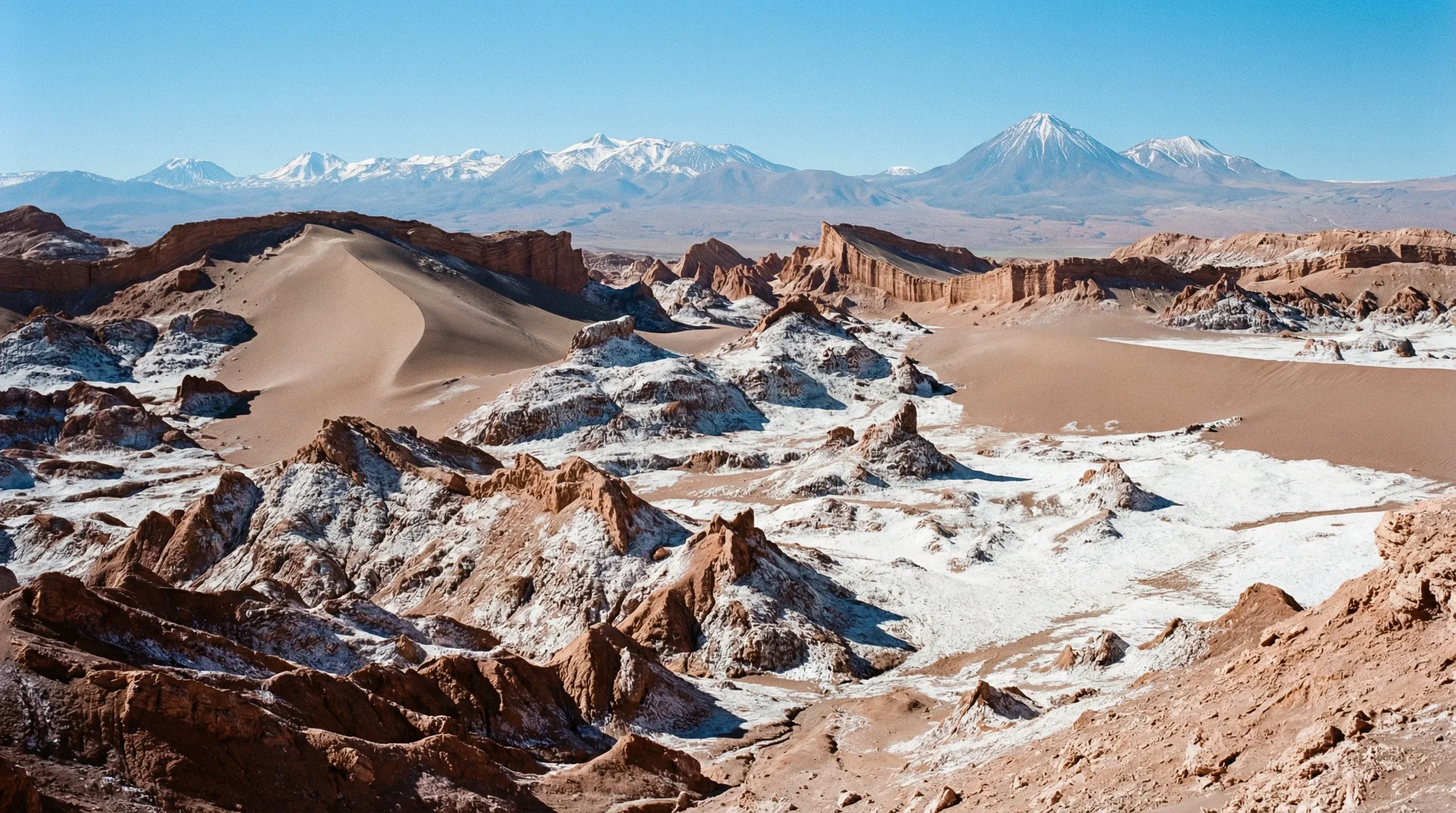 Landscape of the Valle de la Luna in the Atacama Desert, showing salt-crusted rock formations and sand dunes under a clear sky.