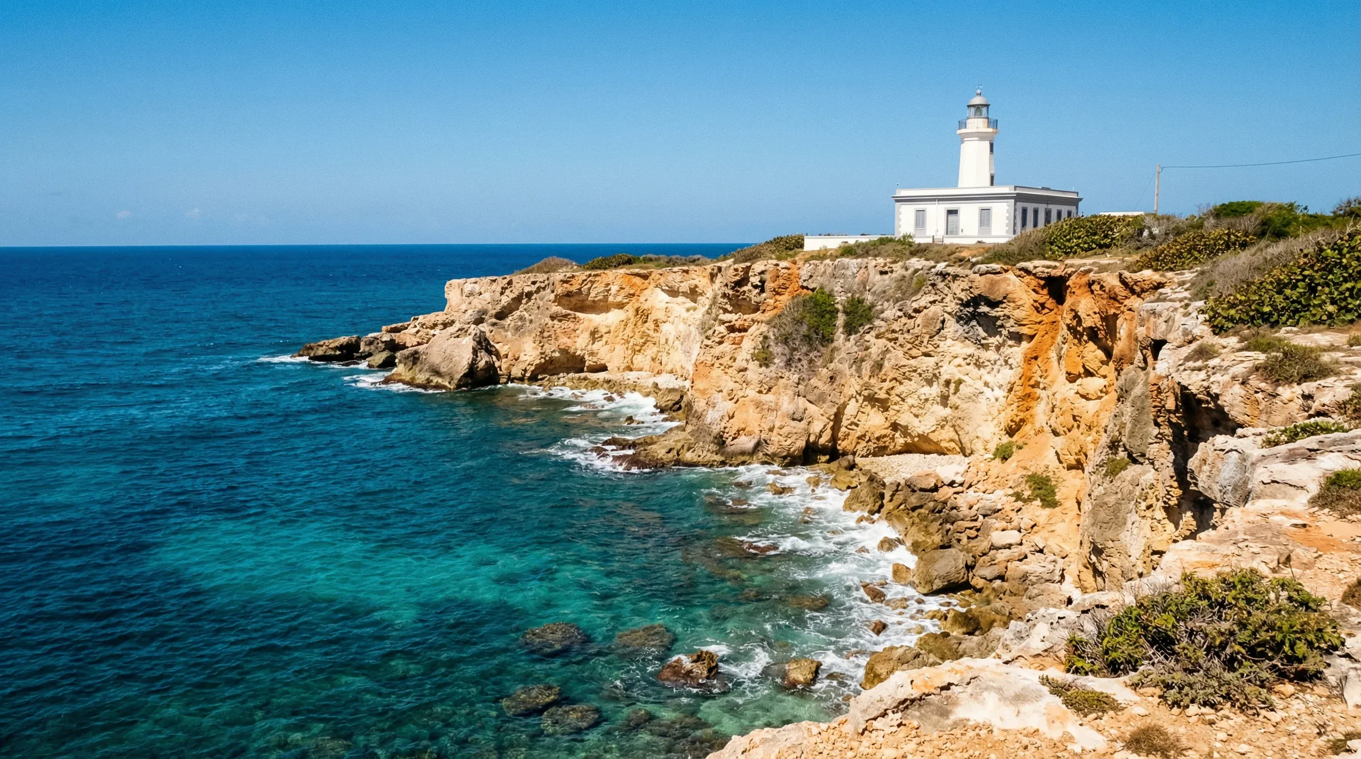 A white lighthouse stands on high limestone cliffs overlooking the turquoise Caribbean Sea in Cabo Rojo.