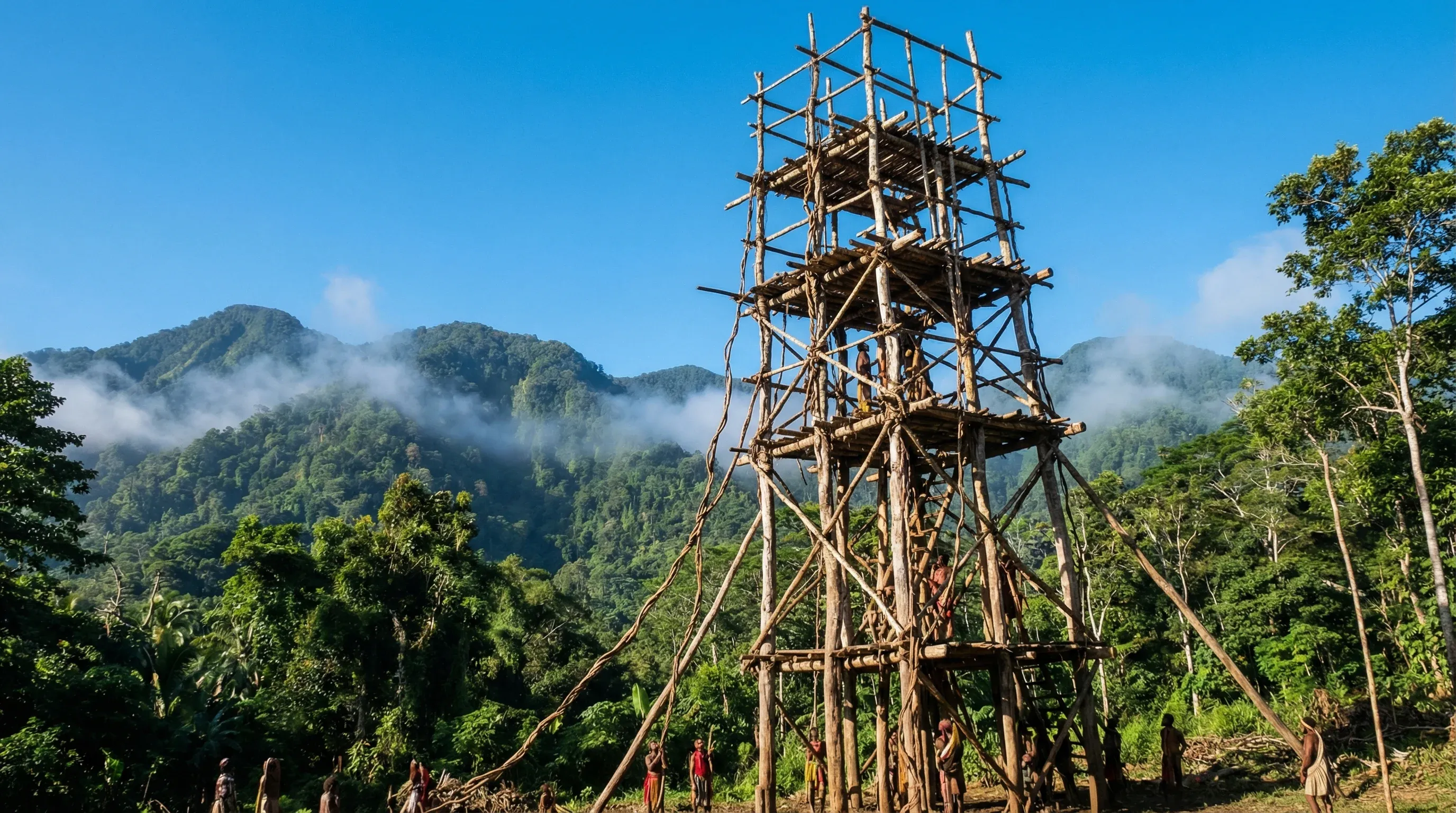 A tall, handmade wooden tower used for traditional land diving rituals, standing in a forest clearing on Pentecost Island.