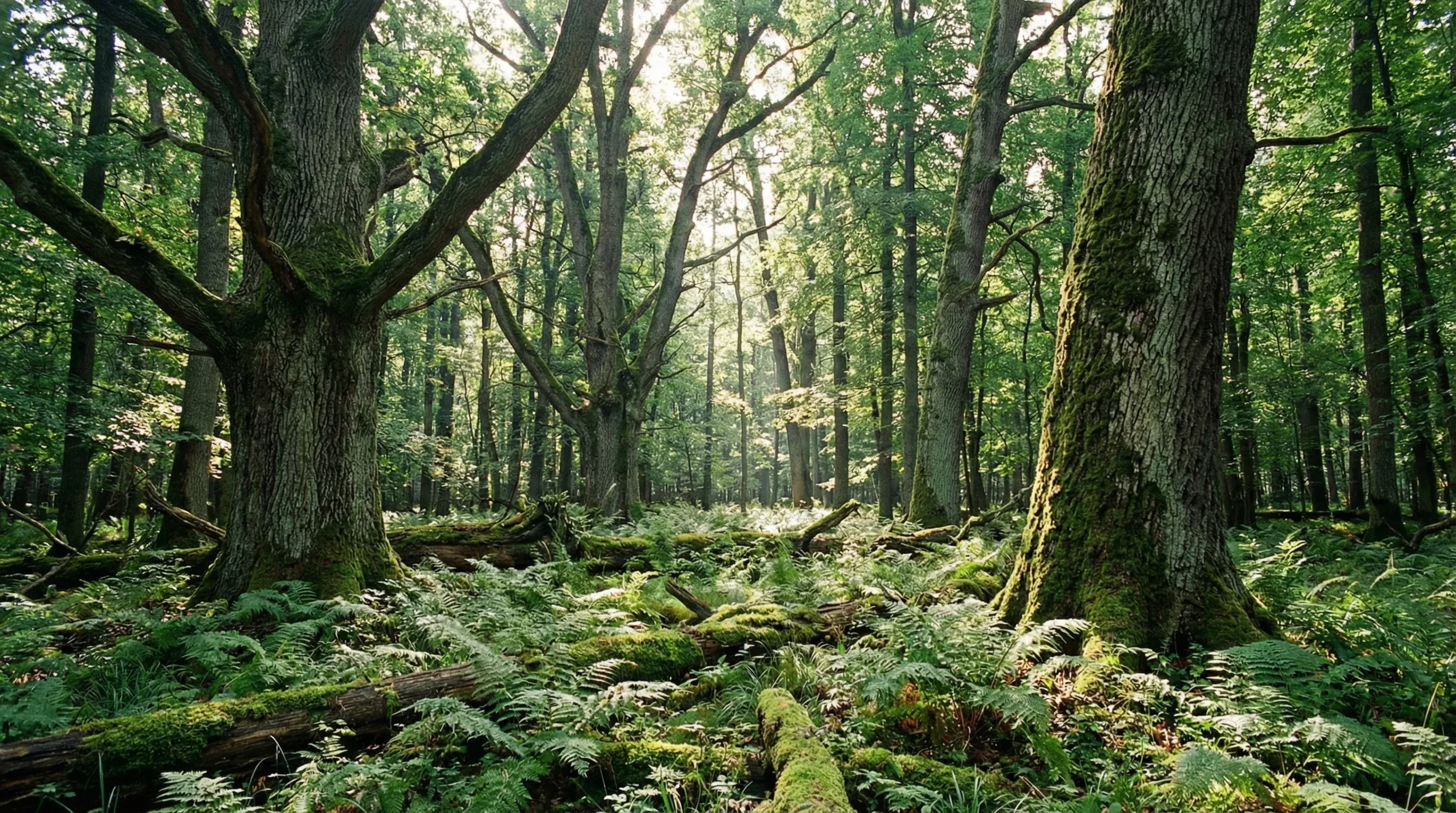 Deep green primeval forest in Białowieża National Park with ancient oak trees and mossy ground under bright daylight.