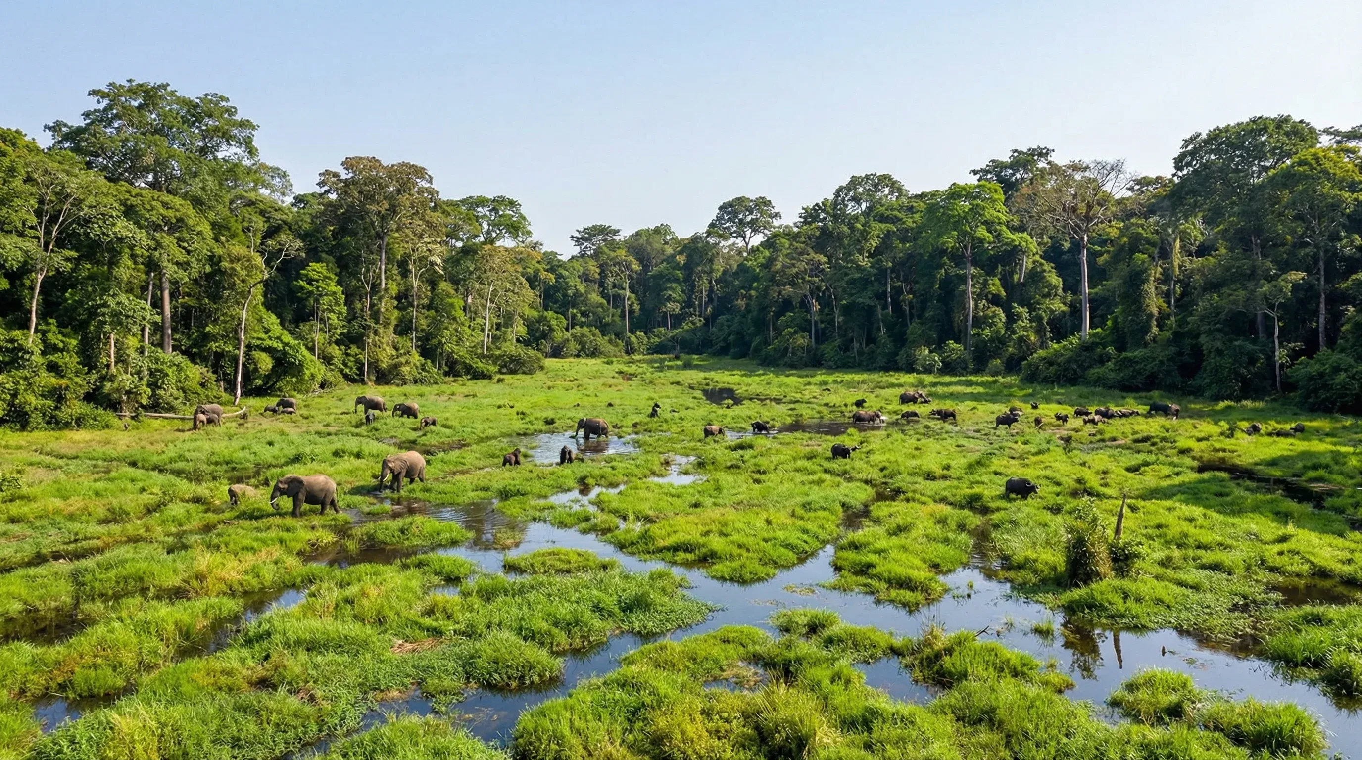 A vast green forest clearing surrounded by thick tropical rainforest in Odzala-Kokoua National Park.
