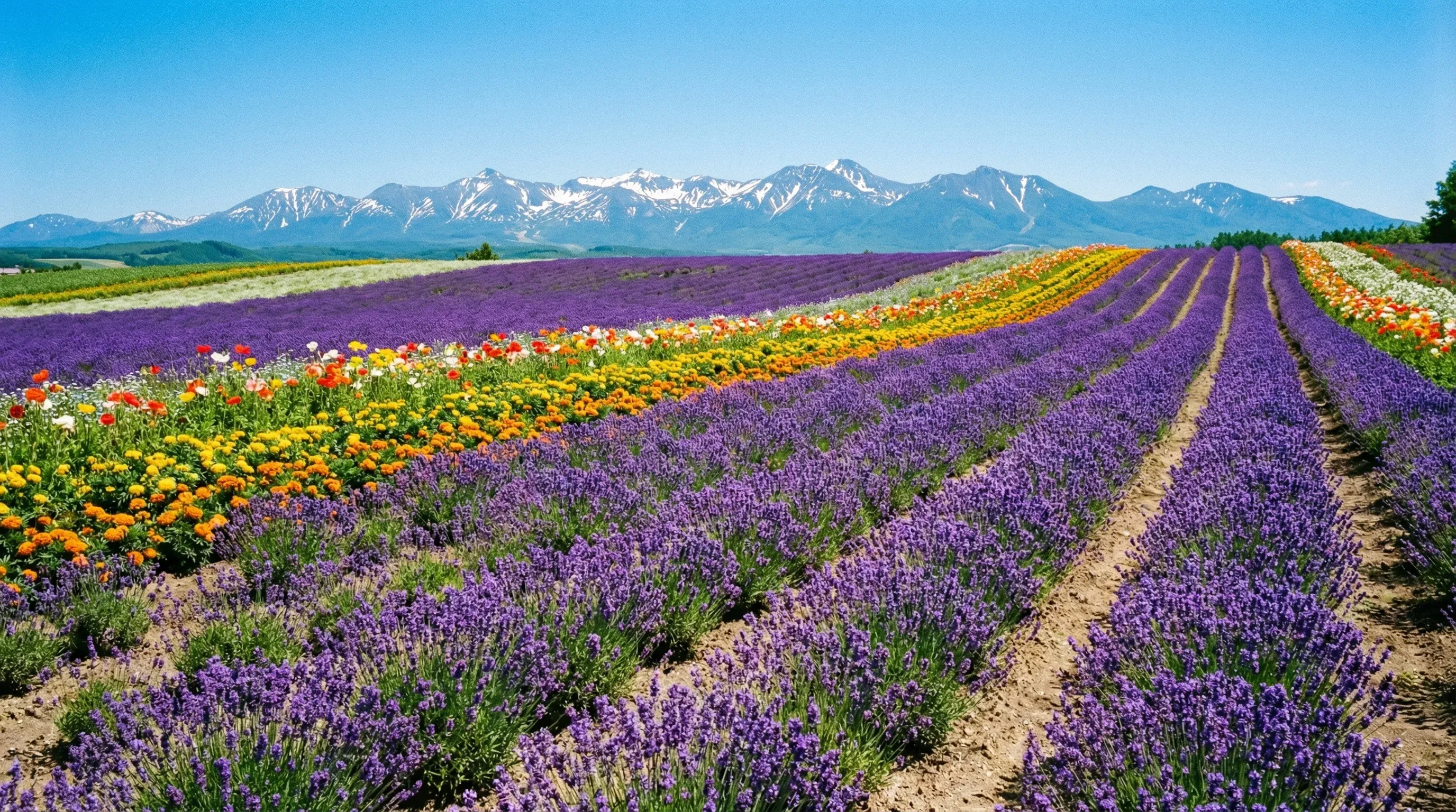 Rows of purple lavender fields in Furano with the Tokachi mountain range in the distance.
