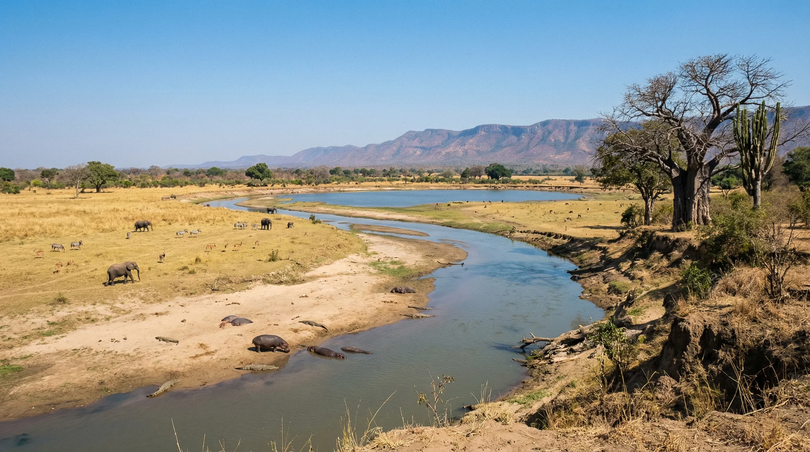 A wide landscape of the meandering Luangwa River and a nearby oxbow lagoon in South Luangwa National Park, featuring sandy banks and distant hills.