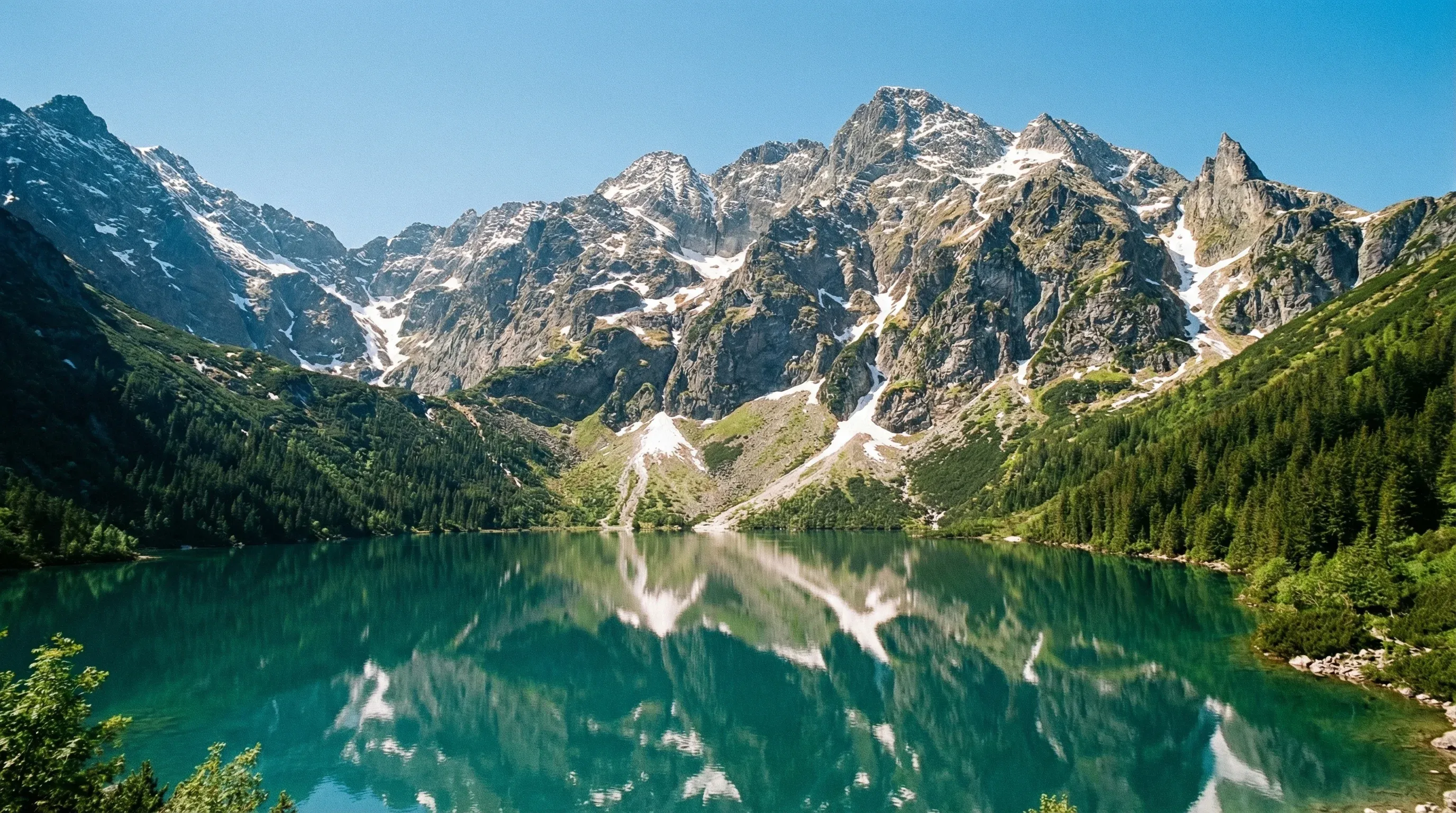 A turquoise mountain lake surrounded by steep rocky peaks and evergreen trees in the Tatra Mountains under a clear sky.