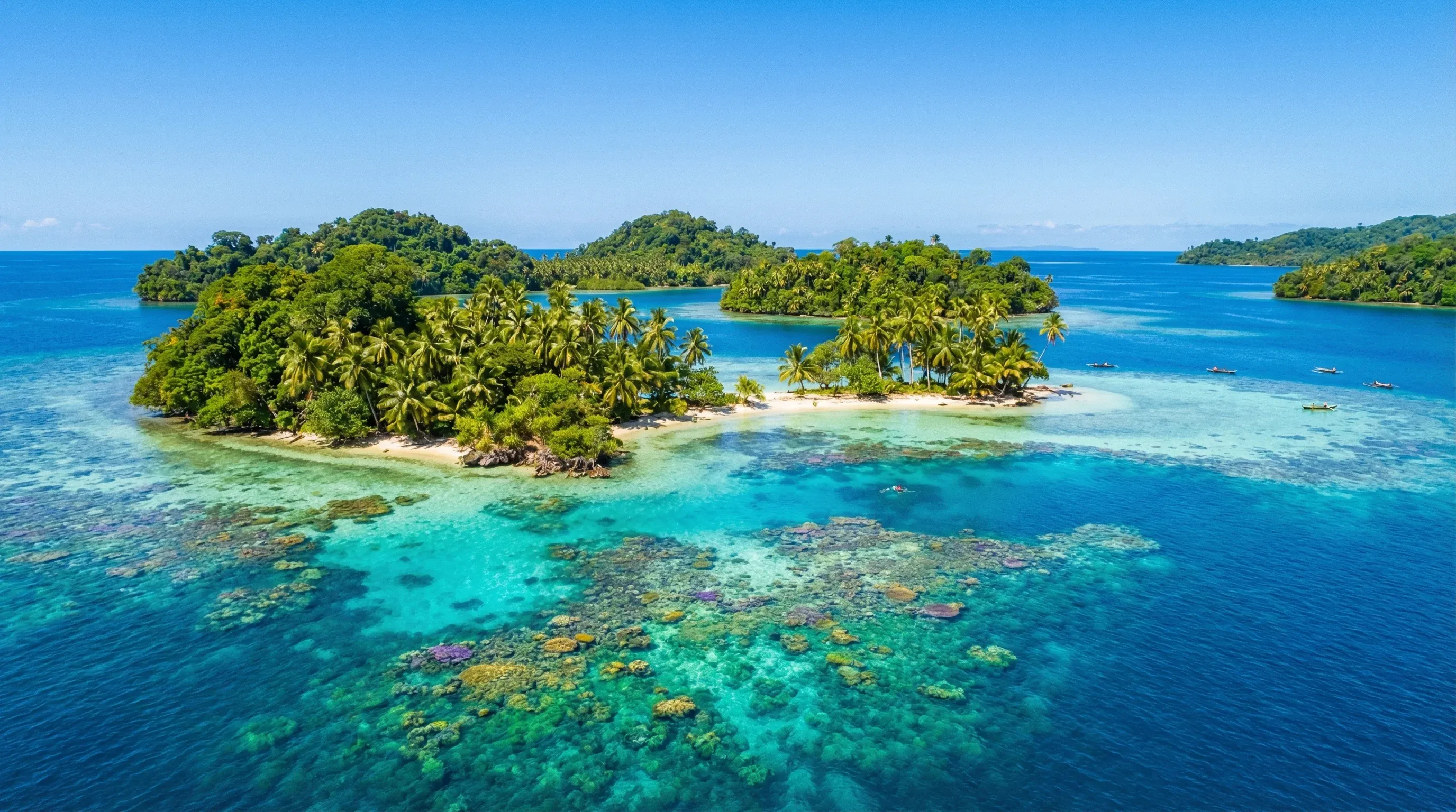 A cluster of small, palm-covered islands surrounded by turquoise coral reefs in Marovo Lagoon.