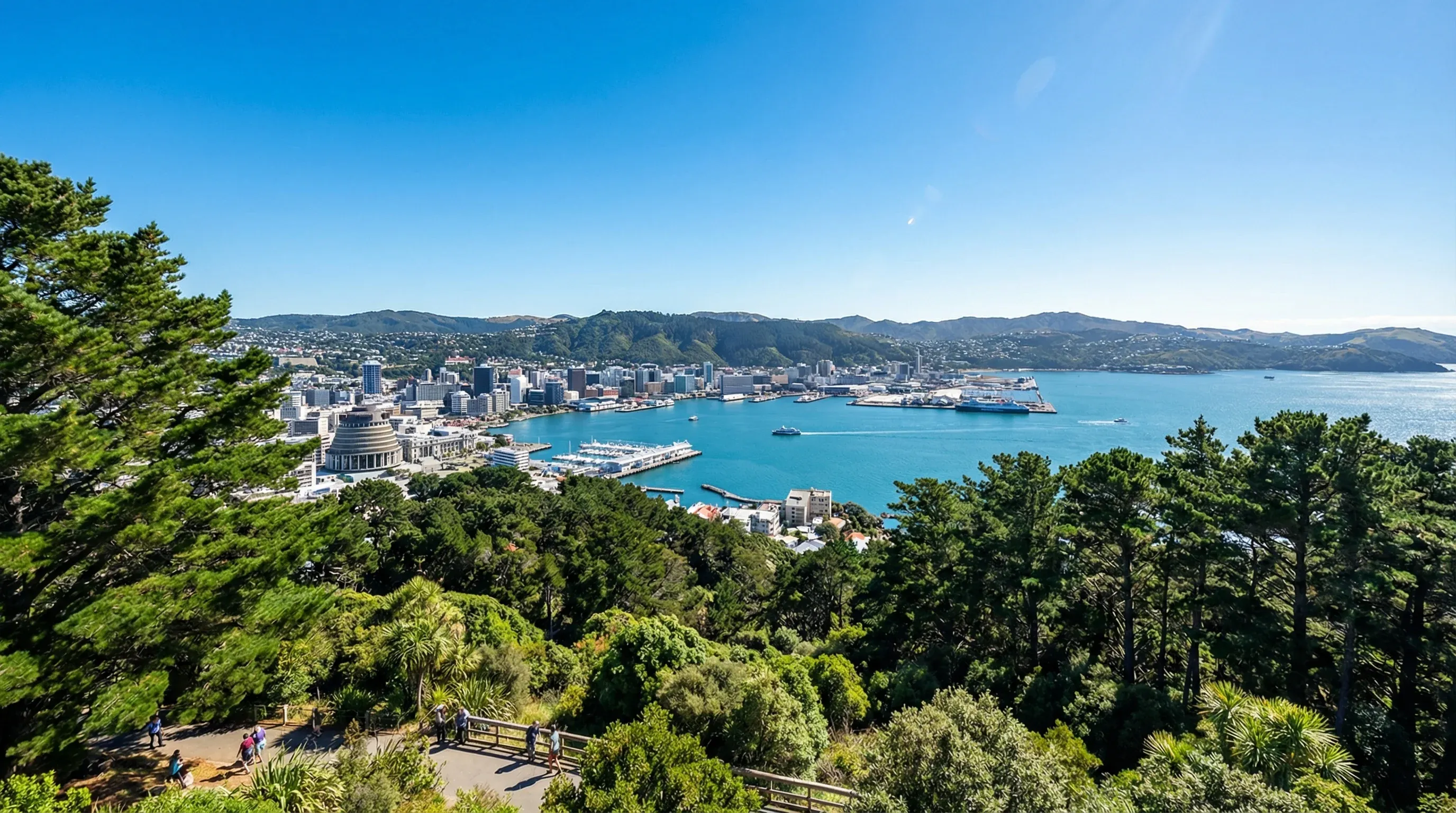 An elevated view overlooking a city skyline and a large blue harbour surrounded by green hills under a clear sky.